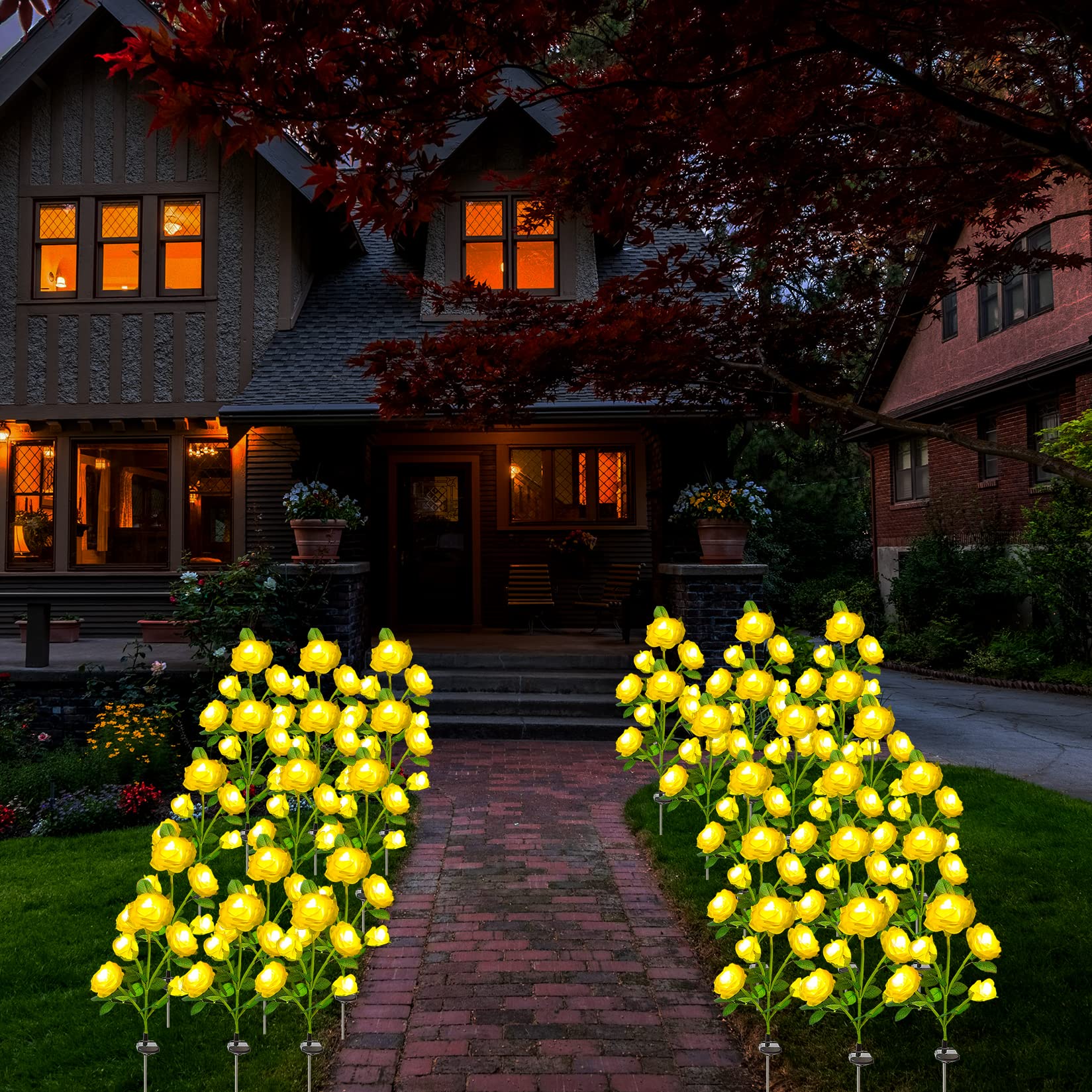 SmilingTown Solar Garden Stake Lights 2 Pack - 10 Rose Flowers Outdoor Solar Pathway Lights, Waterproof Landscape Lighting for Yard, Lawn, Pathway, Courtyard, Cemetery (Yellow) | Perfect for Evening Garden Decor & Memorial Tributes