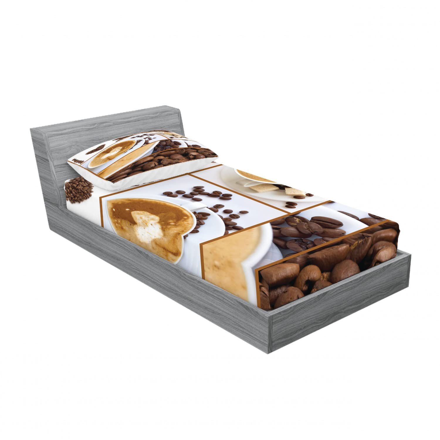 Ambesonne 2-Pack Coffee Themed Twin XL Fitted Sheet & Pillow Sham Set - Brown and White Bedding Decor (Includes 2 Fitted Sheets & 2 Pillow Covers) - Perfect for Coffee Lovers' Bedrooms, Dorm Rooms, and Cozy Home Decor