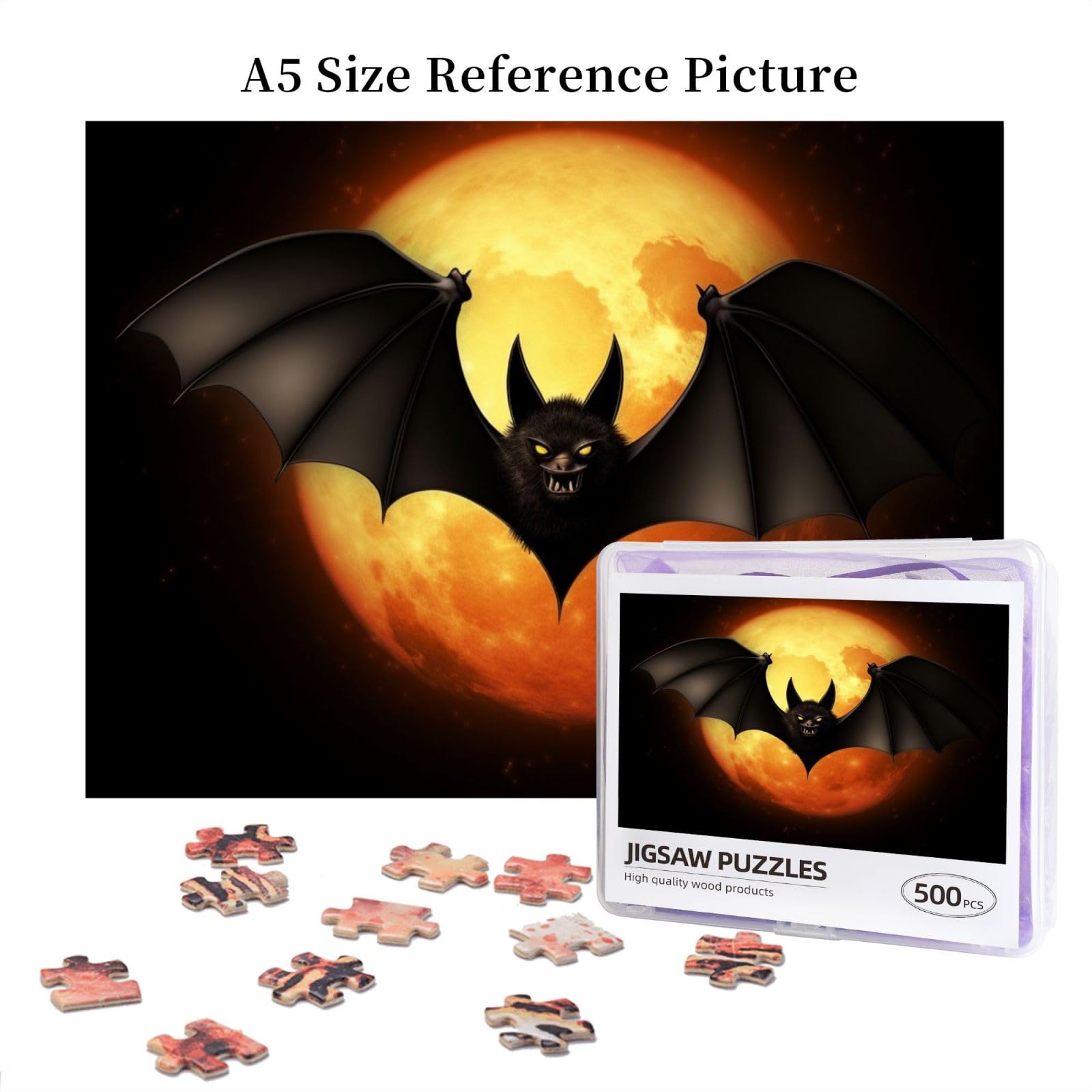 500-Piece Halloween Bat Wooden Jigsaw Puzzle for Adults - Personalized Photo Puzzle, Classic Family Game for Weddings, Birthdays & Valentine's Day Gifts (20.4
