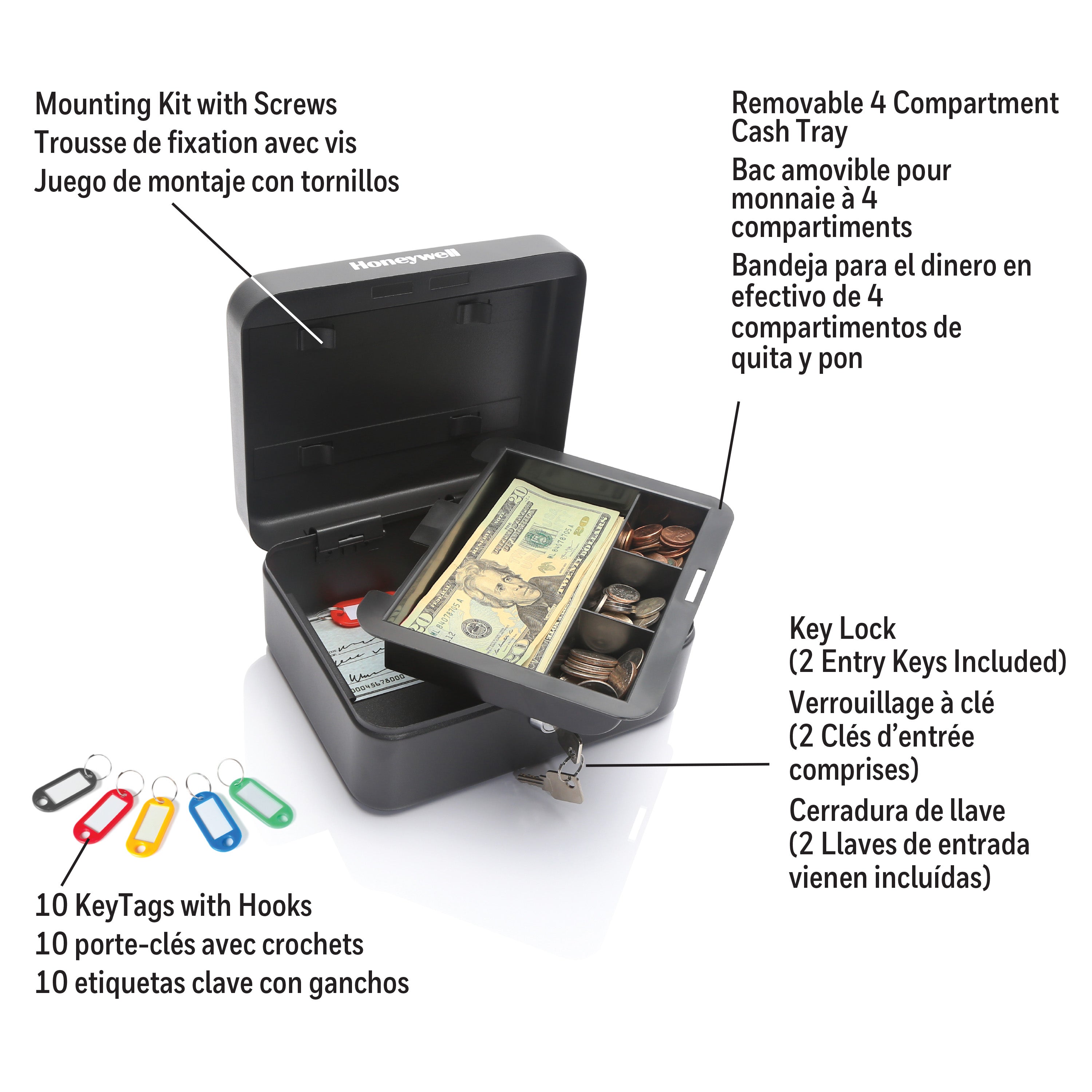 Honeywell 6111 Convertible Cash & Key Box with Key Lock - Secure Storage for Home, Office & Travel (Holds 10 Keys) | Ideal for Valuables, Documents & Spare Keys