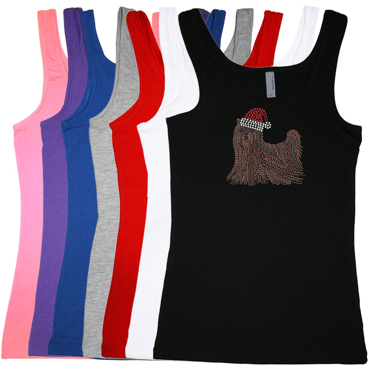 Sparkling Rhinestone Christmas Tank Top for Women - Yorkie with Santa Hat Design - Fitted & Stretchy - Perfect for Holiday Parties & Festive Gatherings