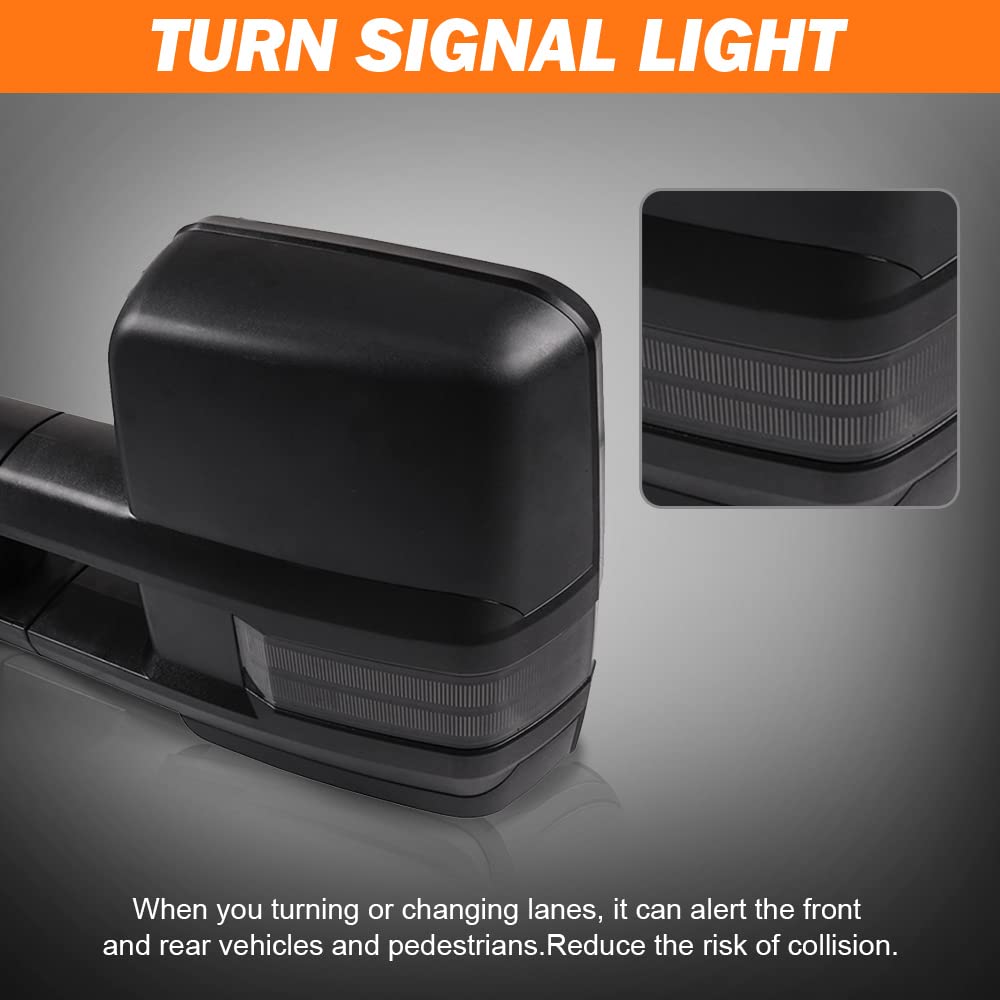 ROADFAR Power Heated Towing Mirrors for 2008-2013 Chevy Silverado & GMC Sierra - LED Turn Signal, Puddle Light, Black Housing - Perfect for Towing Trailers, Campers & Heavy Loads