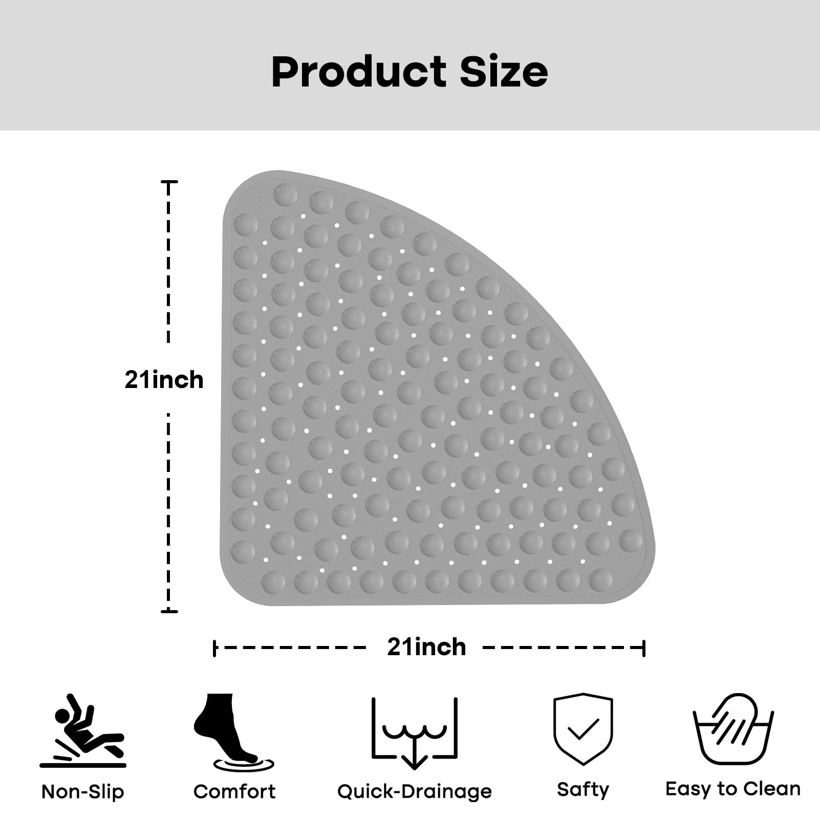 Non-Slip Corner Shower Mat 21x21 Inches - Triangle Bath Mat with Suction Cups for Shower Stall, Machine Washable, Grey - Perfect for Bathroom Safety & Wet Area Protection