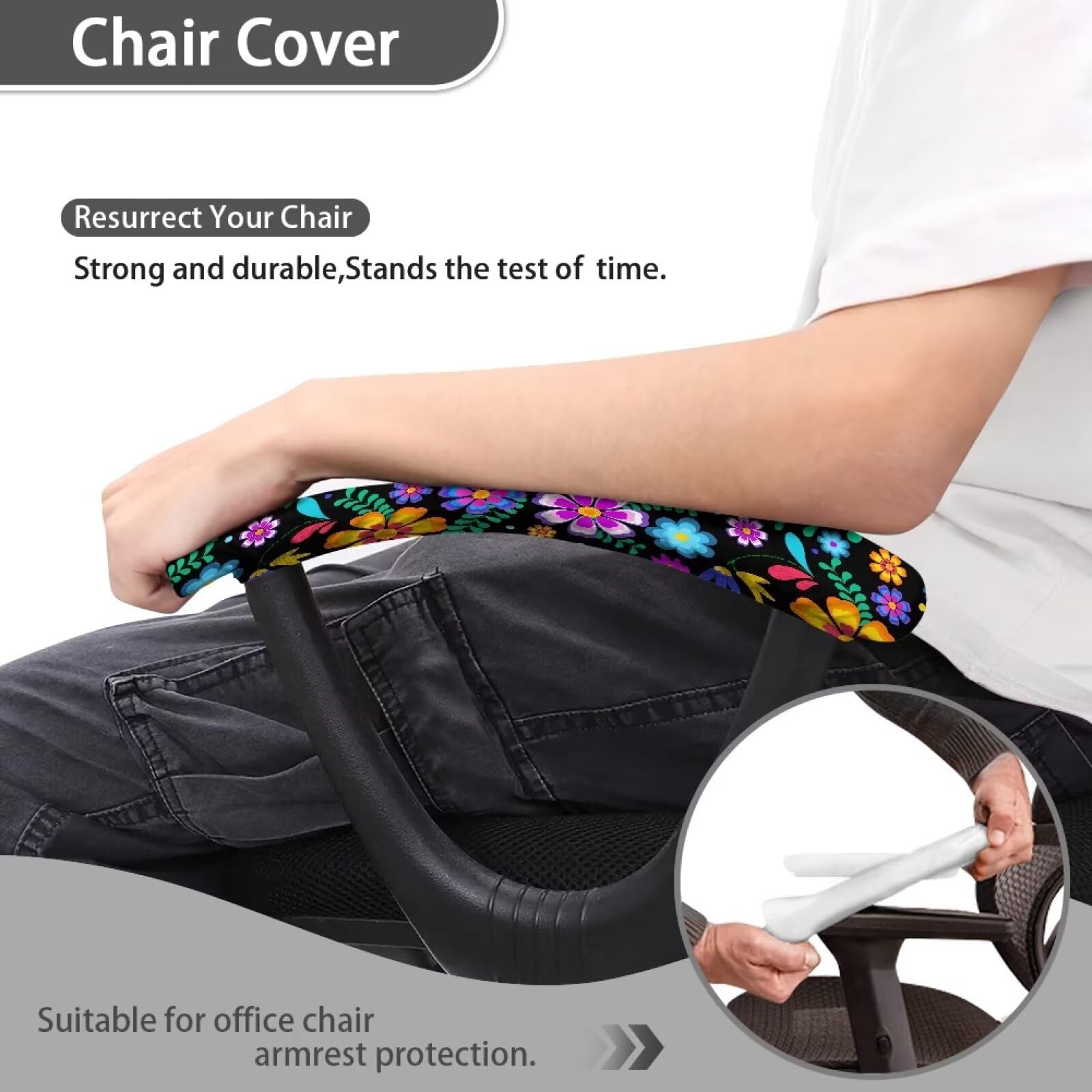 Boho Floral Print Armrest Covers for Office Chairs - Stretchable, Skin-Friendly Elastic Edge Protectors (2 Pack) - Perfect for Home Office, Gaming & Computer Desk Chairs