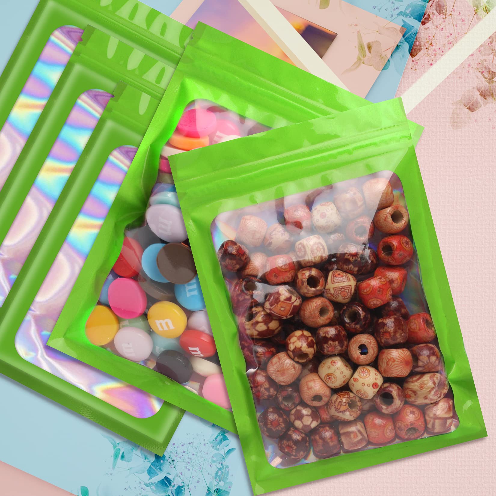 100-Pack Green Smell Proof Mylar Holographic Bags | Resealable Odor Proof Packaging for Food Storage, Lip Gloss, Jewelry & Eyelash Extensions | Small Business Supplies (4x6 Inch) | Perfect for Home Organization & Retail Display