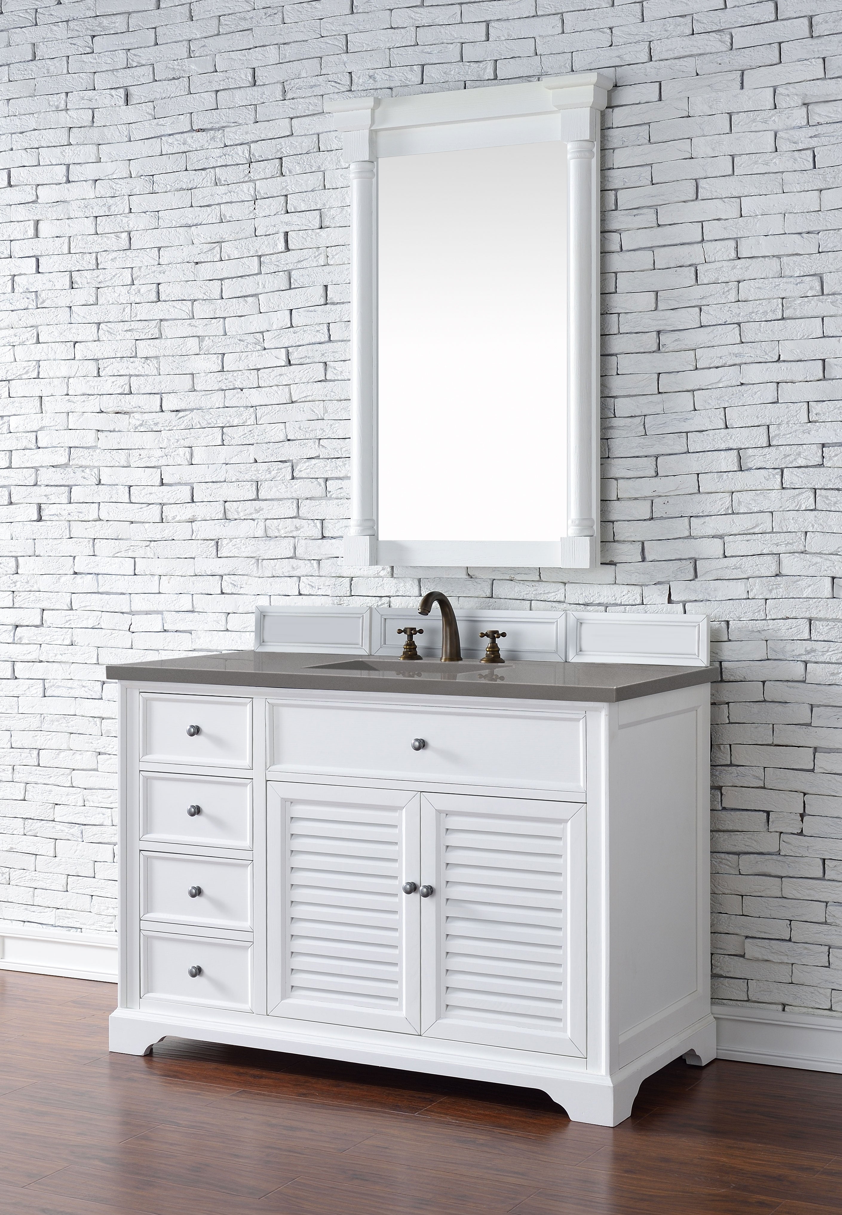 Savannah 48 Inch Single Bathroom Vanity Cabinet in Bright White with 3CM Gray Expo Quartz Countertop - Perfect for Modern Home Bathroom Renovation and Upgrade