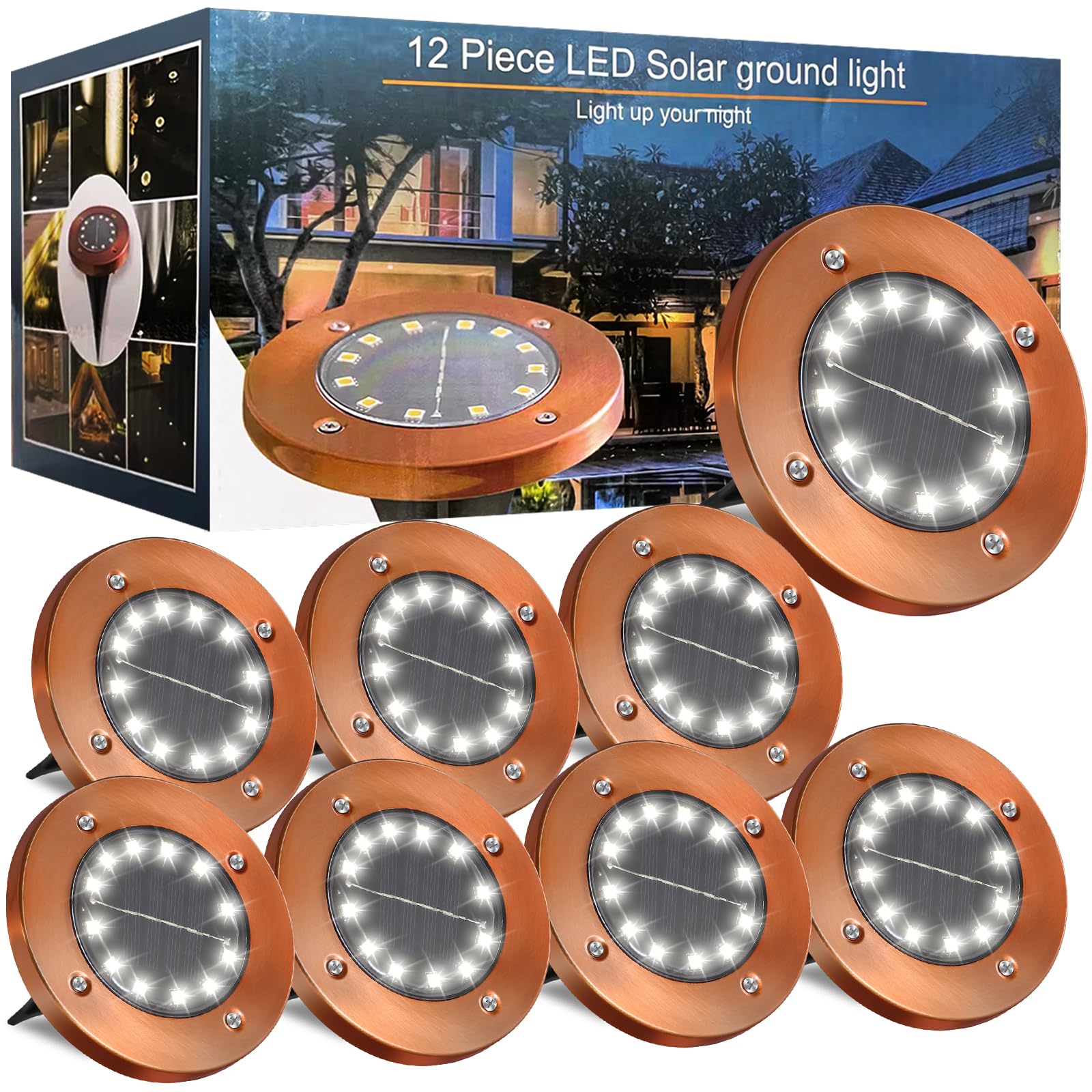 12 LED Solar Ground Lights Outdoor Waterproof - 8 Pack Flat Garden Solar Disk Lights for Pathway, Driveway, Yard & Patio - Durable Landscape & Garden Decor with Auto On/Off at Night