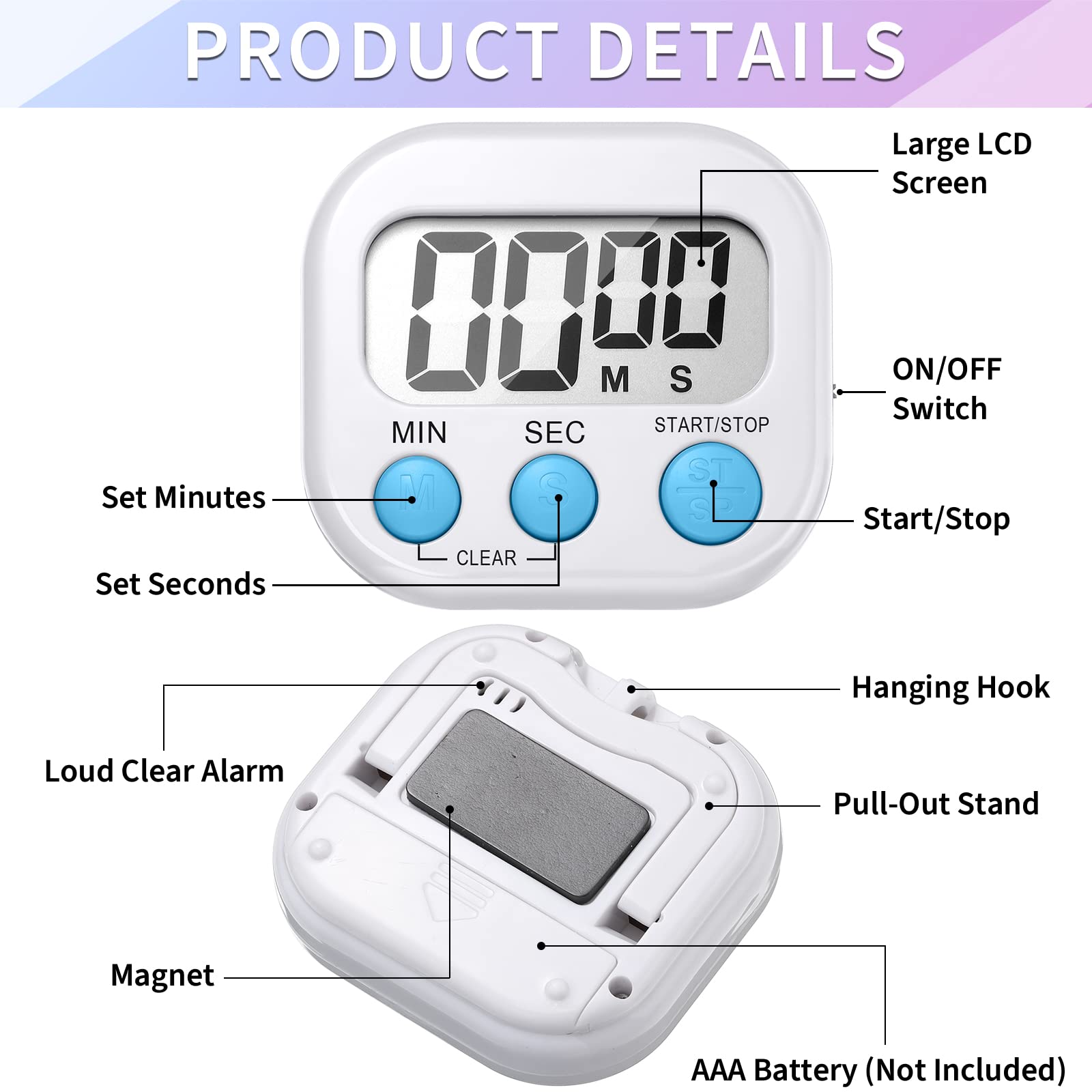 Macarrie 48-Pack Digital Kitchen Timers - Magnetic Back LCD Display with Loud Alarm | Count Up/Down Function | Perfect for Cooking, Baking, Teachers & Classroom Use