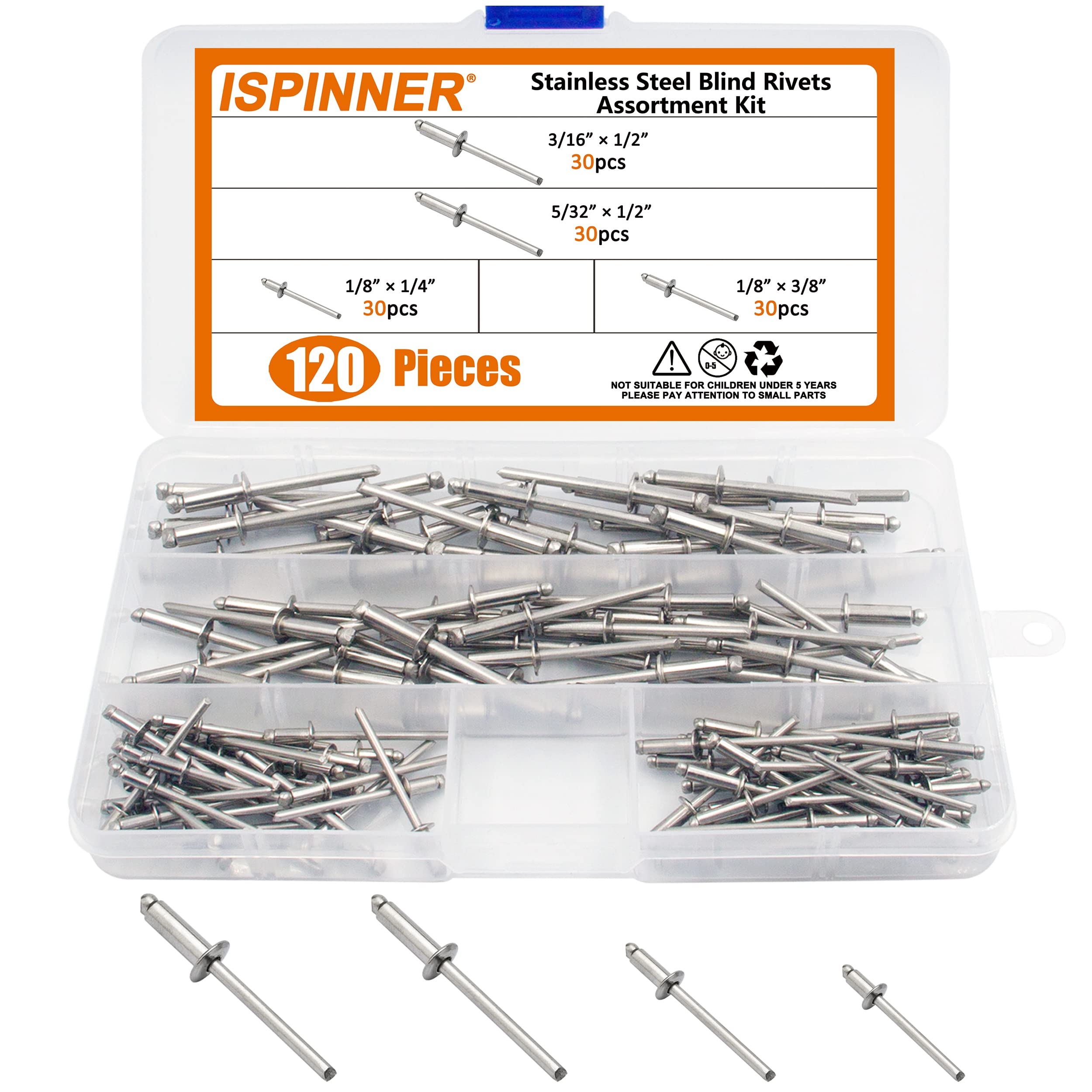 ISPINNER 120pcs 304 Stainless Steel Blind Rivets Assortment Kit - Pop Rivets for Metal, Plastic & Wood - Perfect for DIY, Automotive & Home Repair Projects