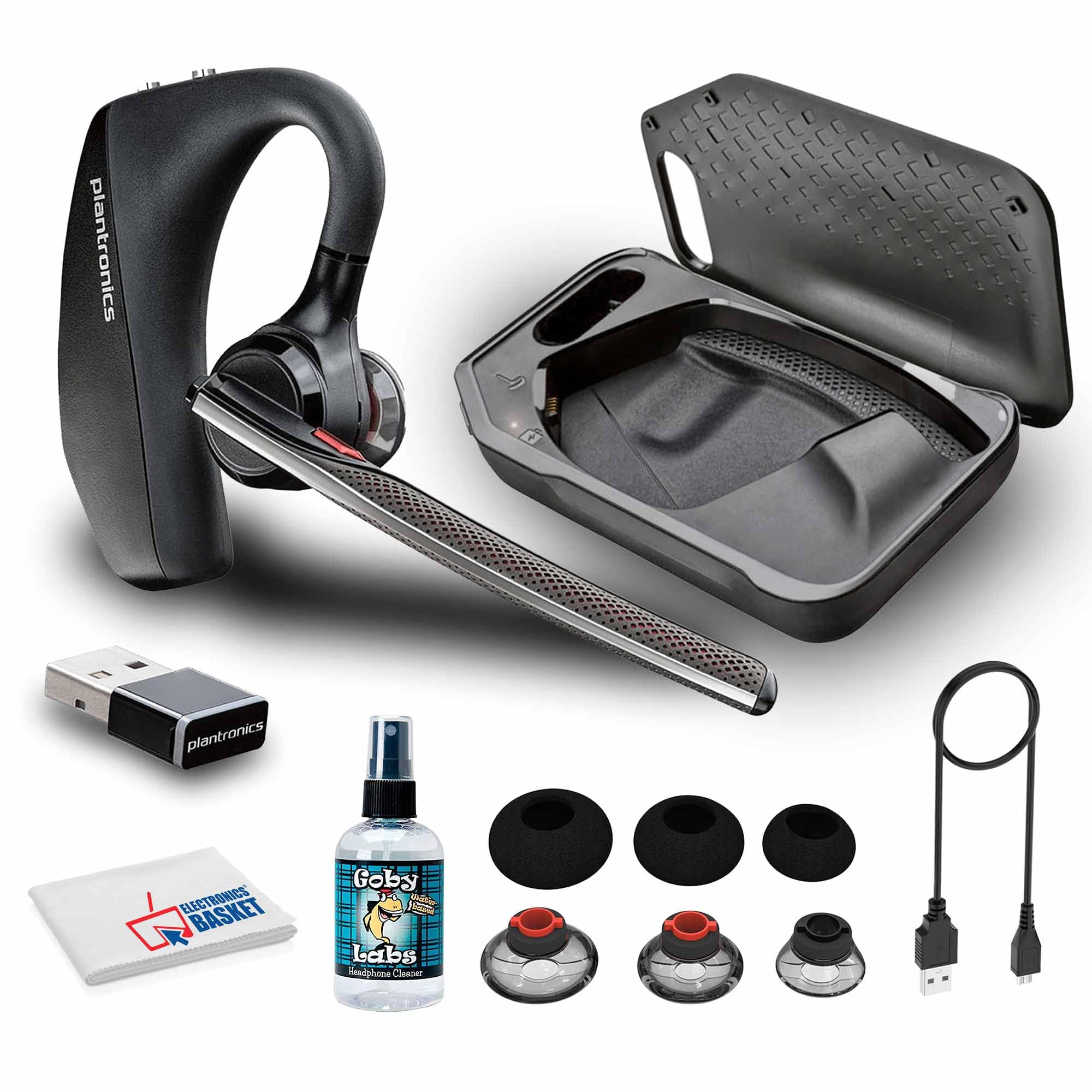 Poly Voyager 5200 UC Bluetooth Headset (7K2F3AA) with Premium Bundle - Includes Goby Labs Headphone Cleaner, Microfiber Cloth, 3-Size Ear Tips, Charging Case & USB Cable | Noise Cancelling Wireless Headphones for Office, Remote Work & Video Conferencing