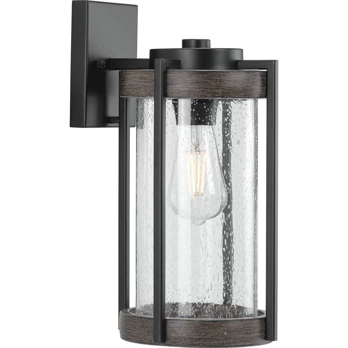 Whitmire Collection 1-Light Clear Seeded Glass Farmhouse Outdoor Wall Lantern with Aged Oak Accents in Matte Black - Perfect for Porch, Patio, Garden, and Entryway Lighting