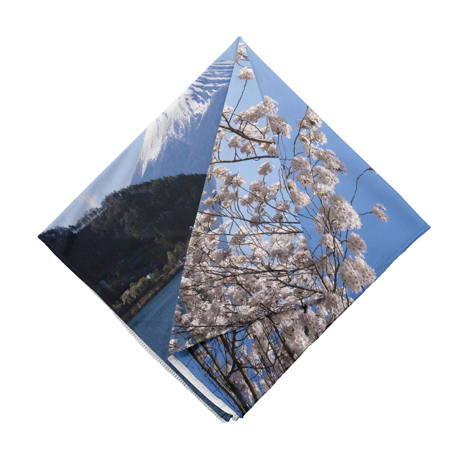 Ambesonne Mountain Bandana - Japan Lake Cherry Blossoms Print - Unisex Head & Neck Scarf for Hiking, Cycling & Outdoor Adventures