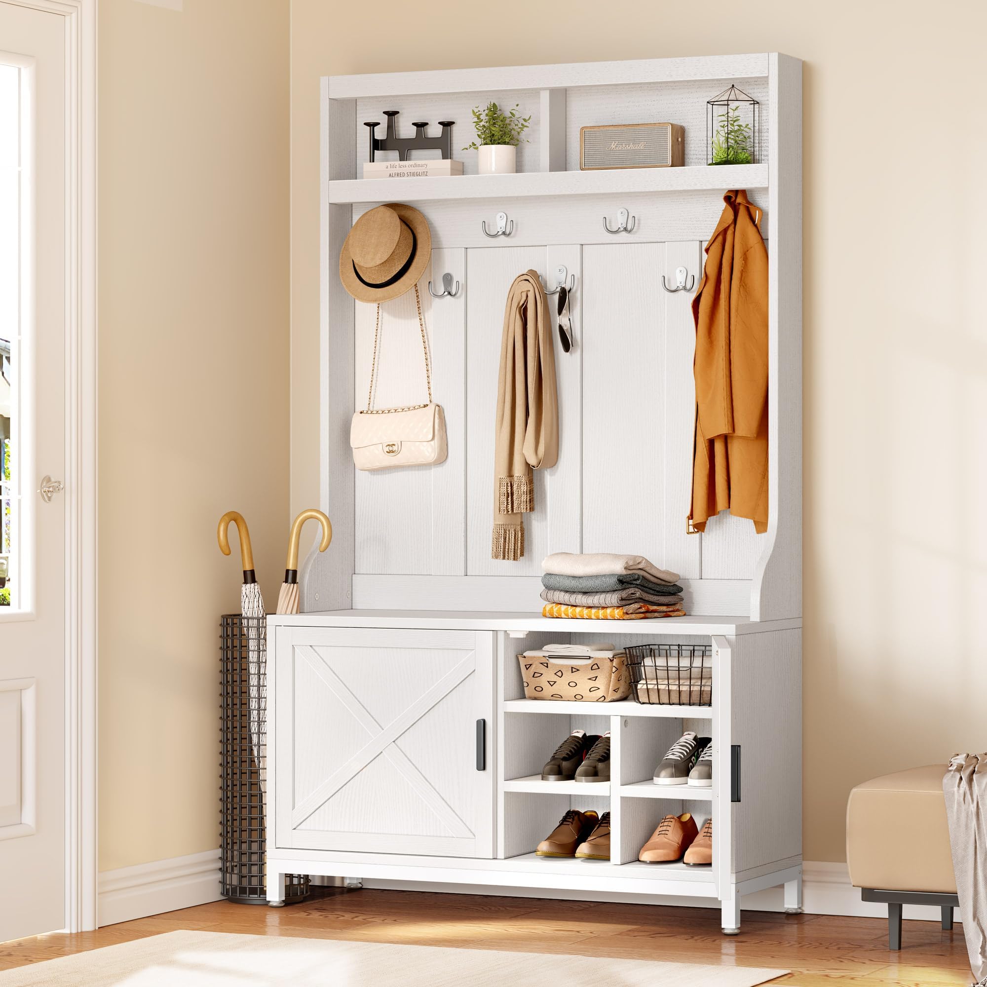 YITAHOME 4-in-1 Entryway Hall Tree with Shoe Storage Bench, Coat Rack & Hanging Hooks - Adjustable Shoe Organizer for Foyer, Mudroom & Home Entrance - Perfect for Storing Shoes, Coats & Accessories in White