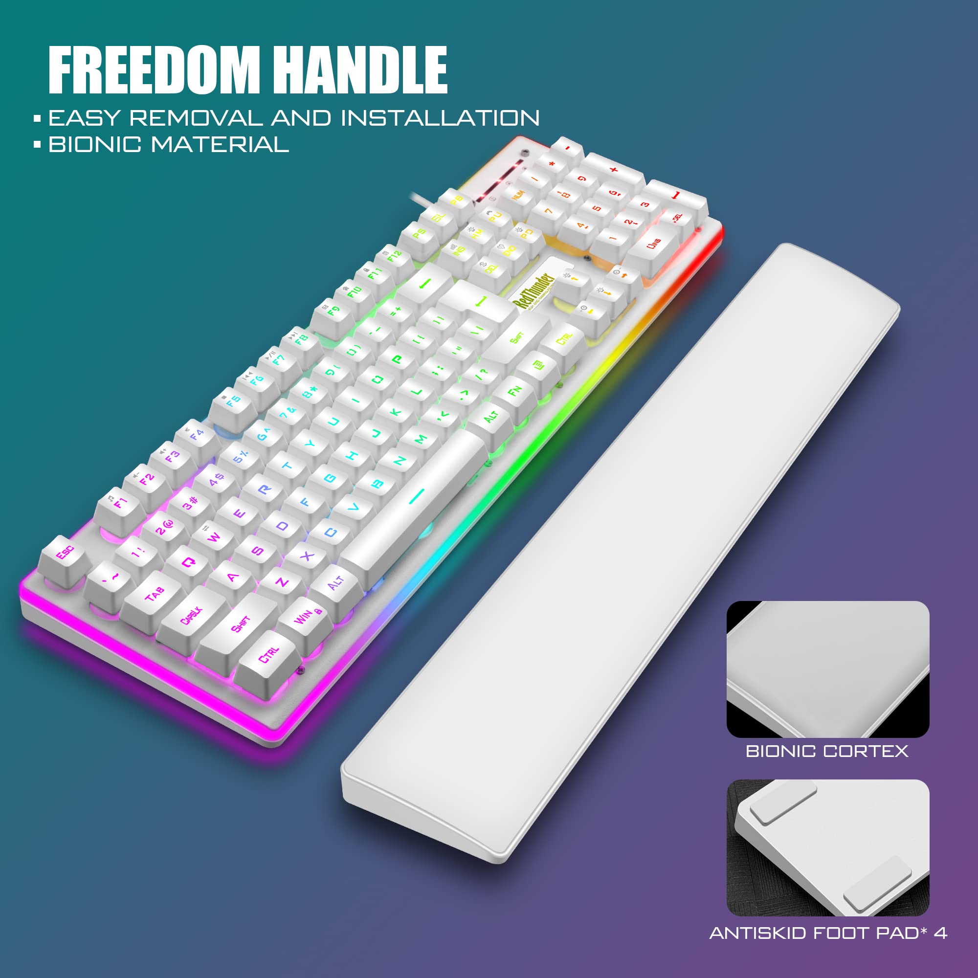 RedThunder K10 RGB Backlit Wired Gaming Keyboard & Mouse Combo with Wrist Rest - Mechanical Feel Anti-Ghosting Keyboard, 7200 DPI 7D Mouse & Soft Leather Wrist Rest - Perfect for PC Gaming, Office Work & Streaming (White)
