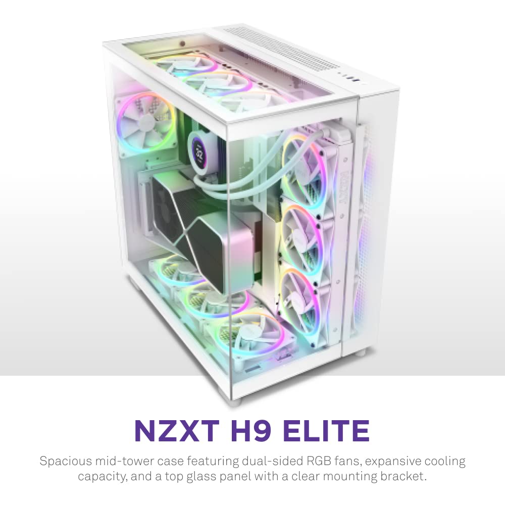 NZXT H9 Elite White ATX Mid-Tower PC Gaming Case - 3 x 120mm RGB Fans, Tempered Glass Panels, 360mm Radiator Support - Perfect for Gaming Setups & Custom Water Cooling Builds