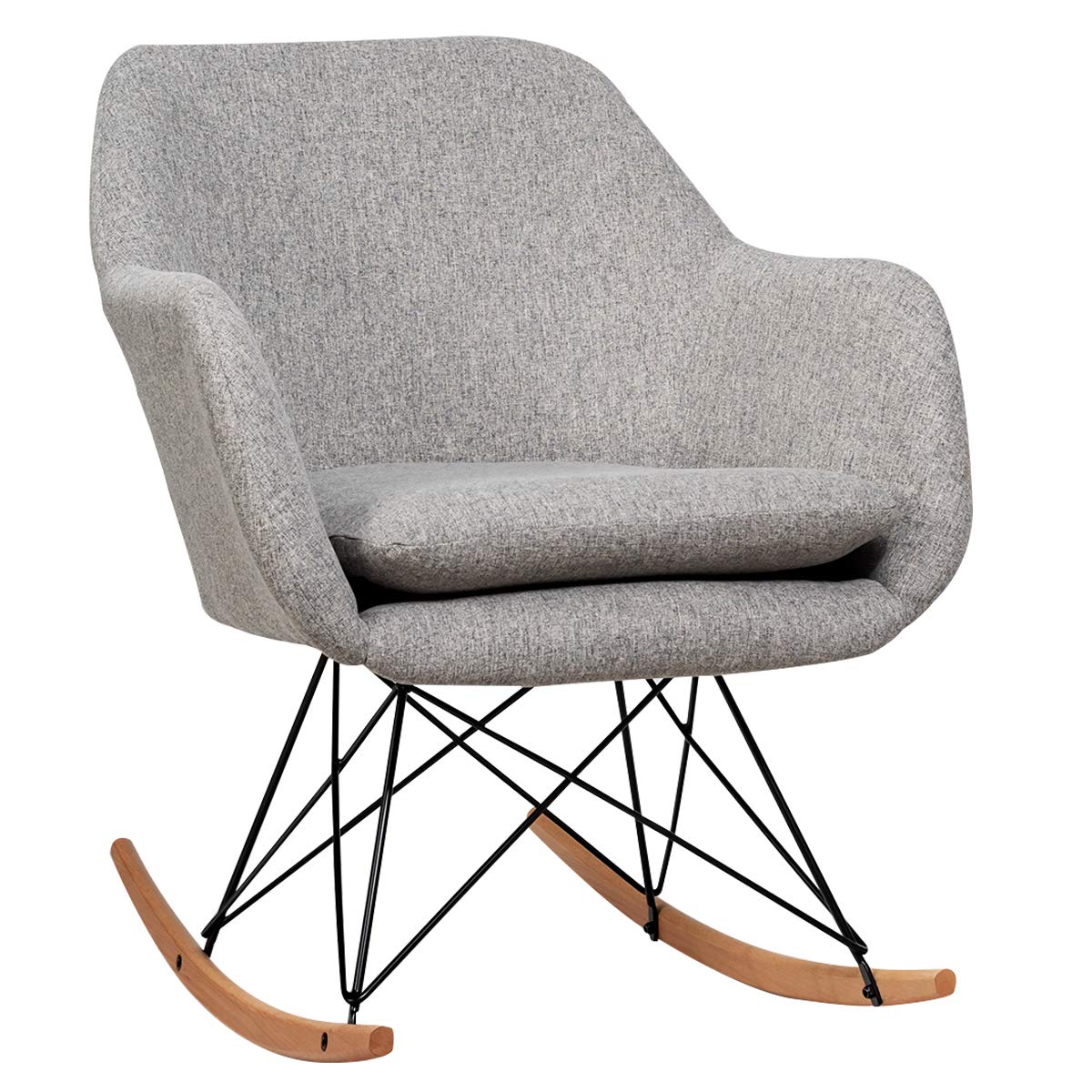 Giantex Modern Upholstered Accent Rocking Chair with Cushion - Solid Steel Wood Leg Rocker Armchair for Balcony, Bedroom, Nursery, Living Room - Comfortable Grey Lounge Chair for Reading, Relaxing & Nursing (1-Piece)
