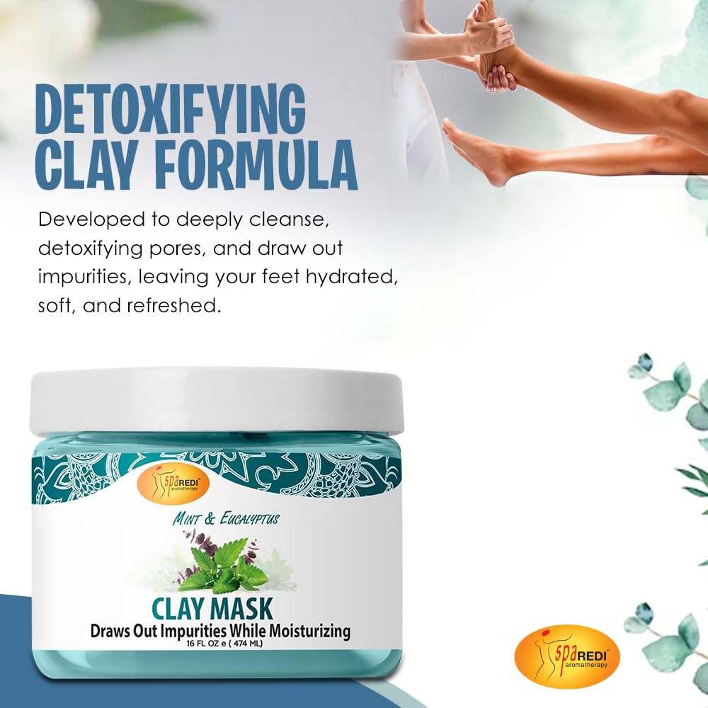SPA REDI - Mint & Eucalyptus Clay Mask (16 Oz) - Deep Cleansing Body & Pedicure Treatment | Purifies Skin Pores, Detoxifies & Hydrates | Perfect for Spa Days & At-Home Self Care