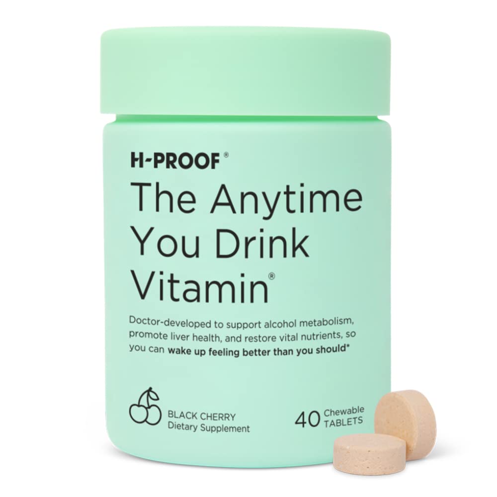 H-PROOF Alcohol Metabolism & Liver Health Supplement with Electrolytes, Antioxidants, Milk Thistle & Vitamins - 40 Chewable Black Cherry Tablets (20 Servings) for Hangover Relief, Immunity Boost & Night Out Recovery
