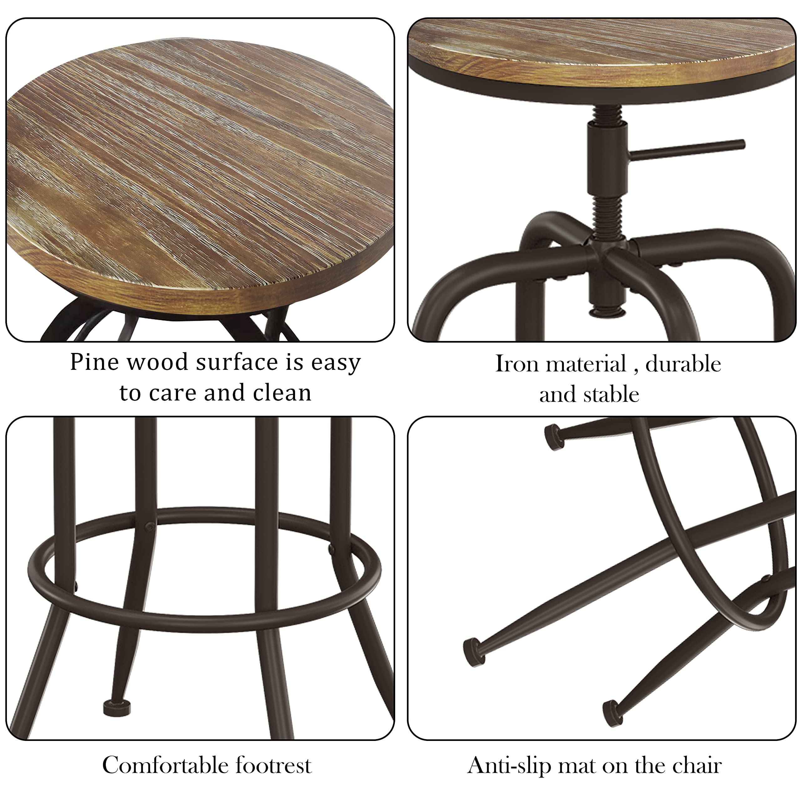 Industrial Bar Stools Set of 2 - Adjustable Height Metal Swivel Bar Stools with Footrest, 27-30 Inch Counter Height Bar Chairs for Kitchen Island, Coffee Bar & Home Pub - Heavy Duty & Space Saving Design