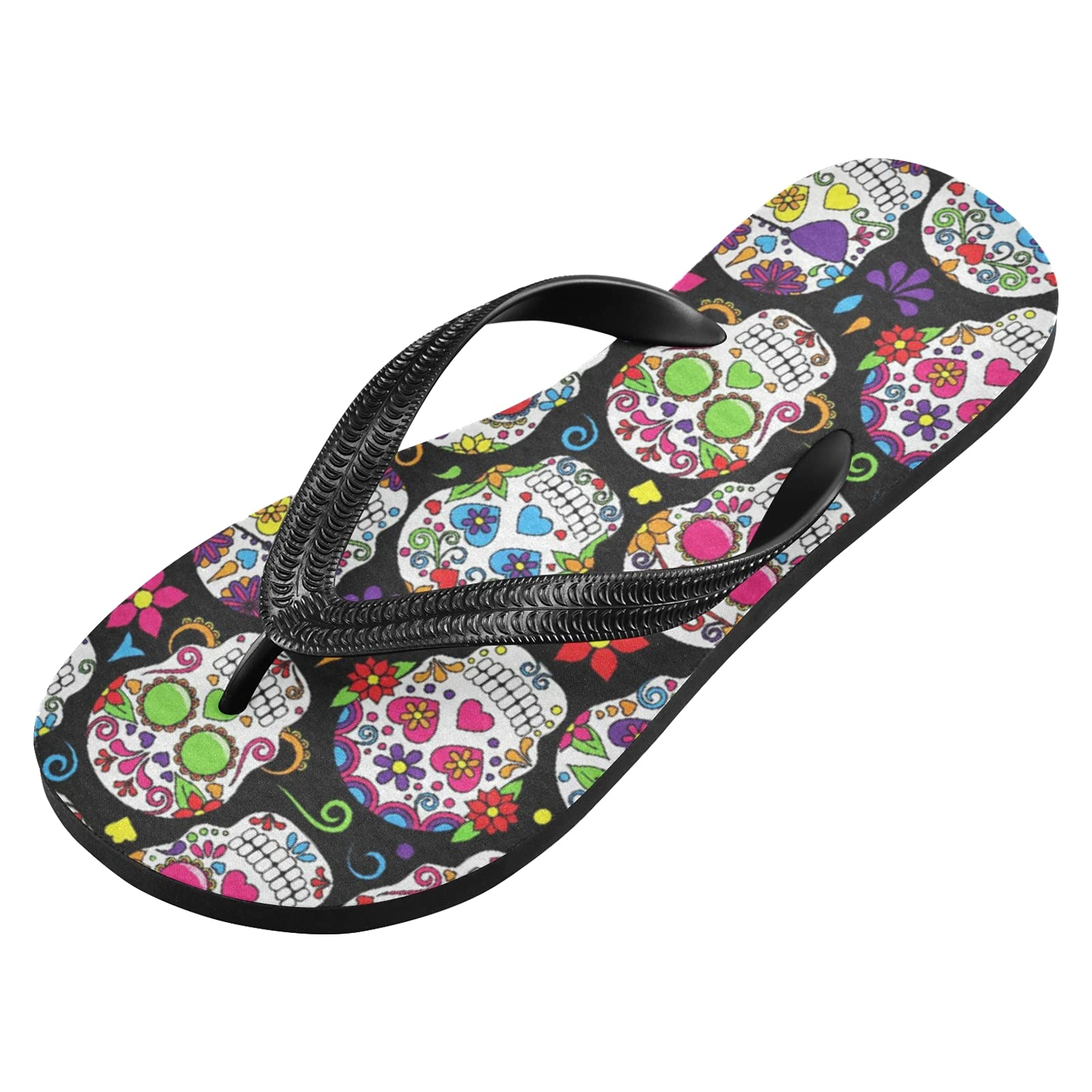 Qilmy Flower Sugar Skull Flip Flops - Lightweight Non-Slip Summer Sandals for Women & Men | Casual Beach Slippers for Pool, Vacation & Outdoor Wear