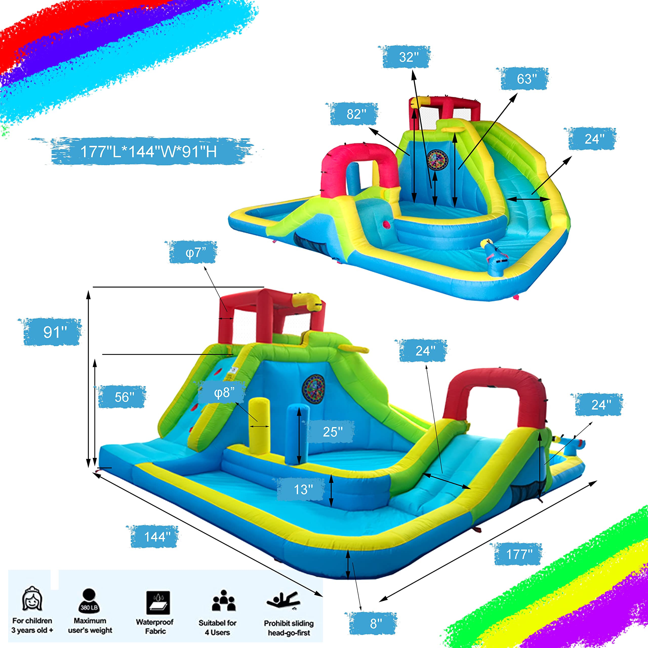 **Inflatable Water Slide Park for Kids - Large Bouncy Castle with Dual Pools, Slides, Climbing Wall & Basketball - Easy Setup with Air Blower Included - Perfect for Backyard Parties, Summer Fun & Outdoor Play**