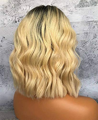 14inch 180% Density Human Hair Lace Front Wig - 13x6 Deep Part Remy Hair Bob Wig in Black Blonde Ombre (Wavy Bob) | Natural Looking Everyday Wear & Special Occasions