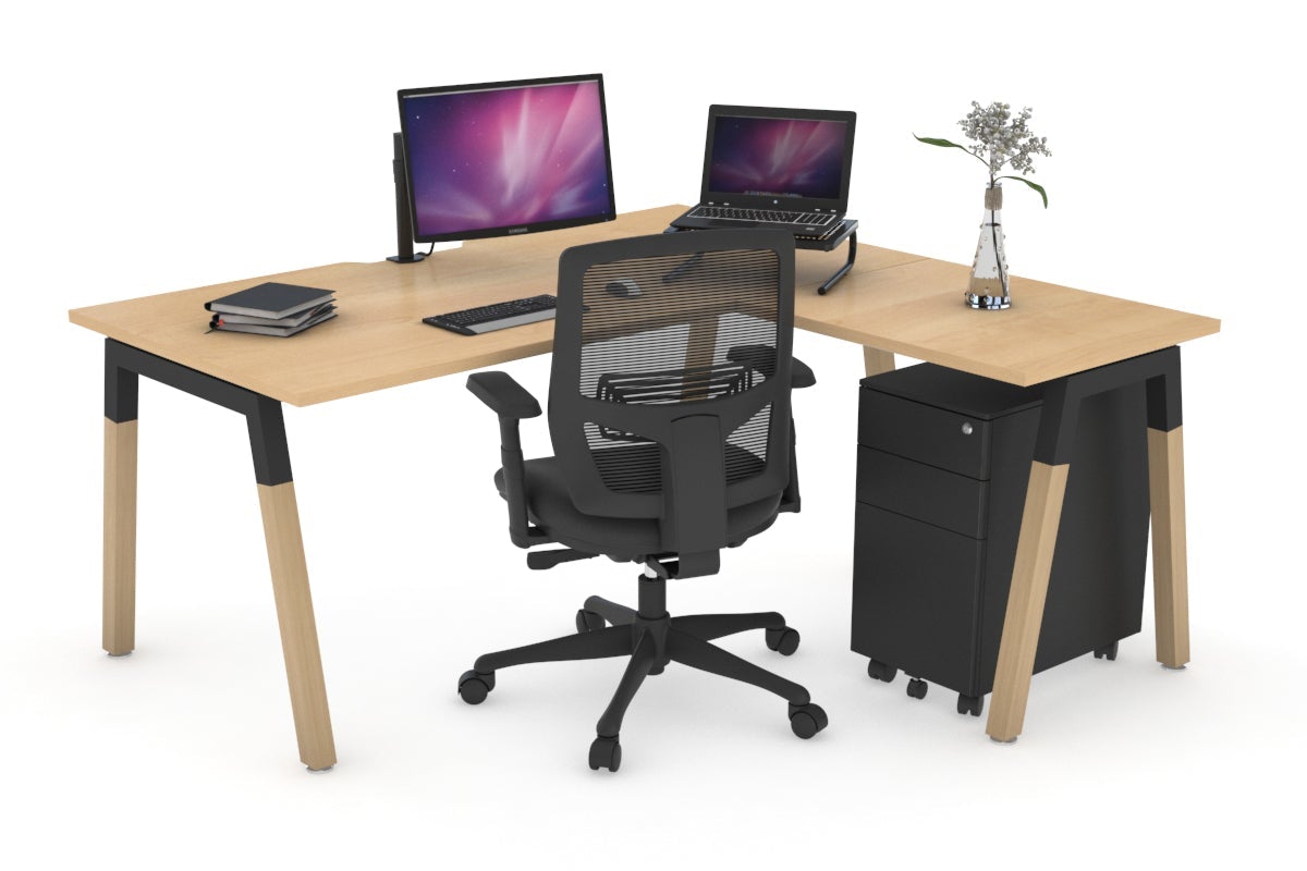 L-Shaped Corner Office Desk with Quadro A Legs & Wood Cross Beam - 1400L x 1550W, Cable Management Scallop - Perfect for Home Office, Gaming Setup & Workspace Organization