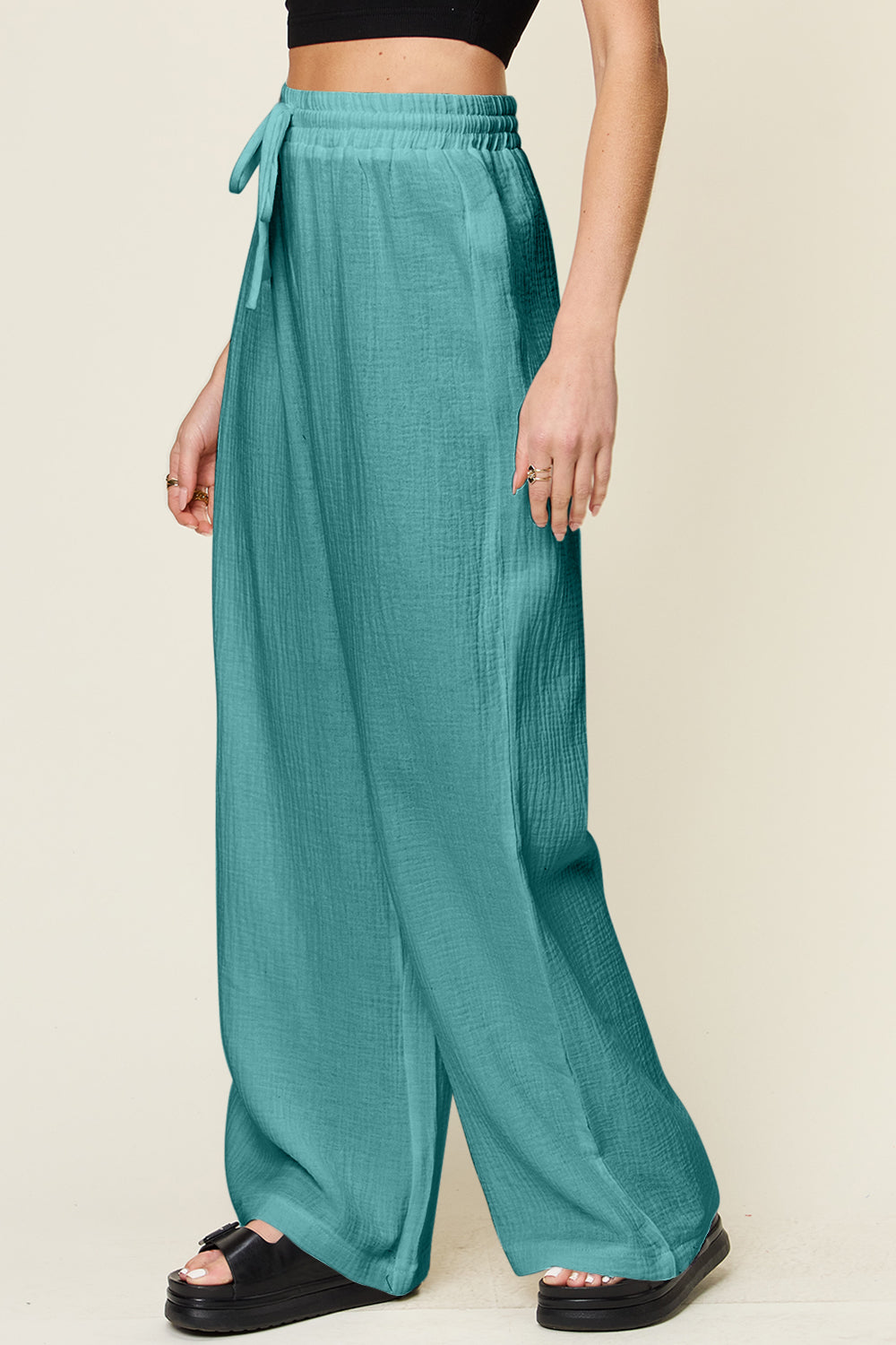 Full Size Textured Drawstring Wide Leg Pants for Women - Comfortable Lounge Pants for Yoga, Travel & Casual Wear