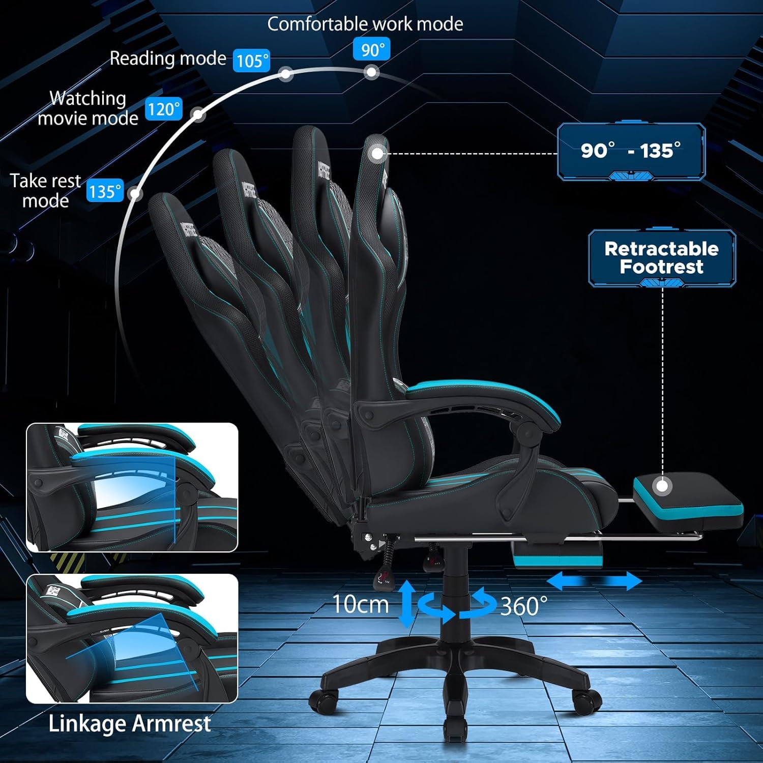 HOFFREE Ergonomic Gaming Chair with Massage & Footrest - Heavy Duty 400lbs Capacity Big and Tall Reclining Computer Chair for Adults - Blue & Black - Perfect for Long Gaming Sessions, Office Work & Home Entertainment