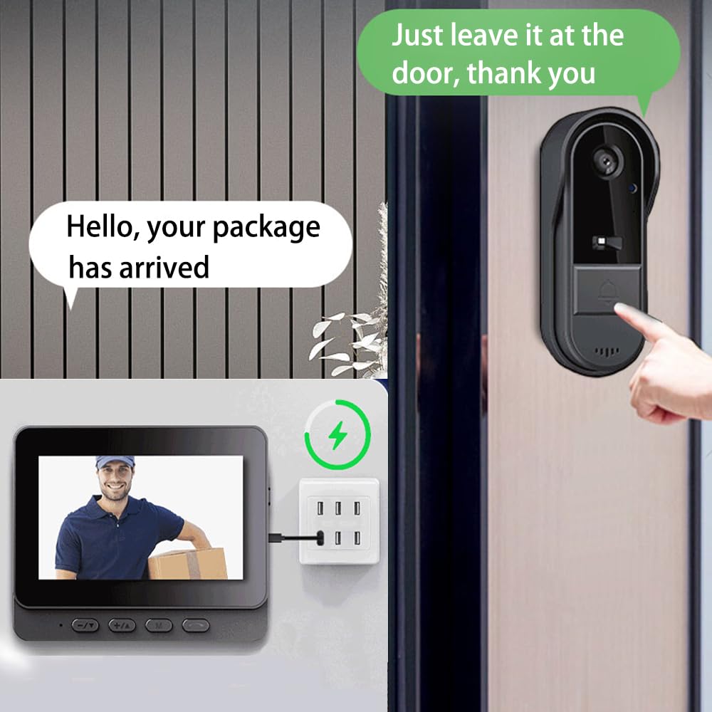 Wireless Doorbell Camera with Screen Monitor - No WiFi, No Subscription, Waterproof, 170° Wide Angle, Two-Way Audio Intercom - Ideal for Home Security, Apartments, and Office Entrances