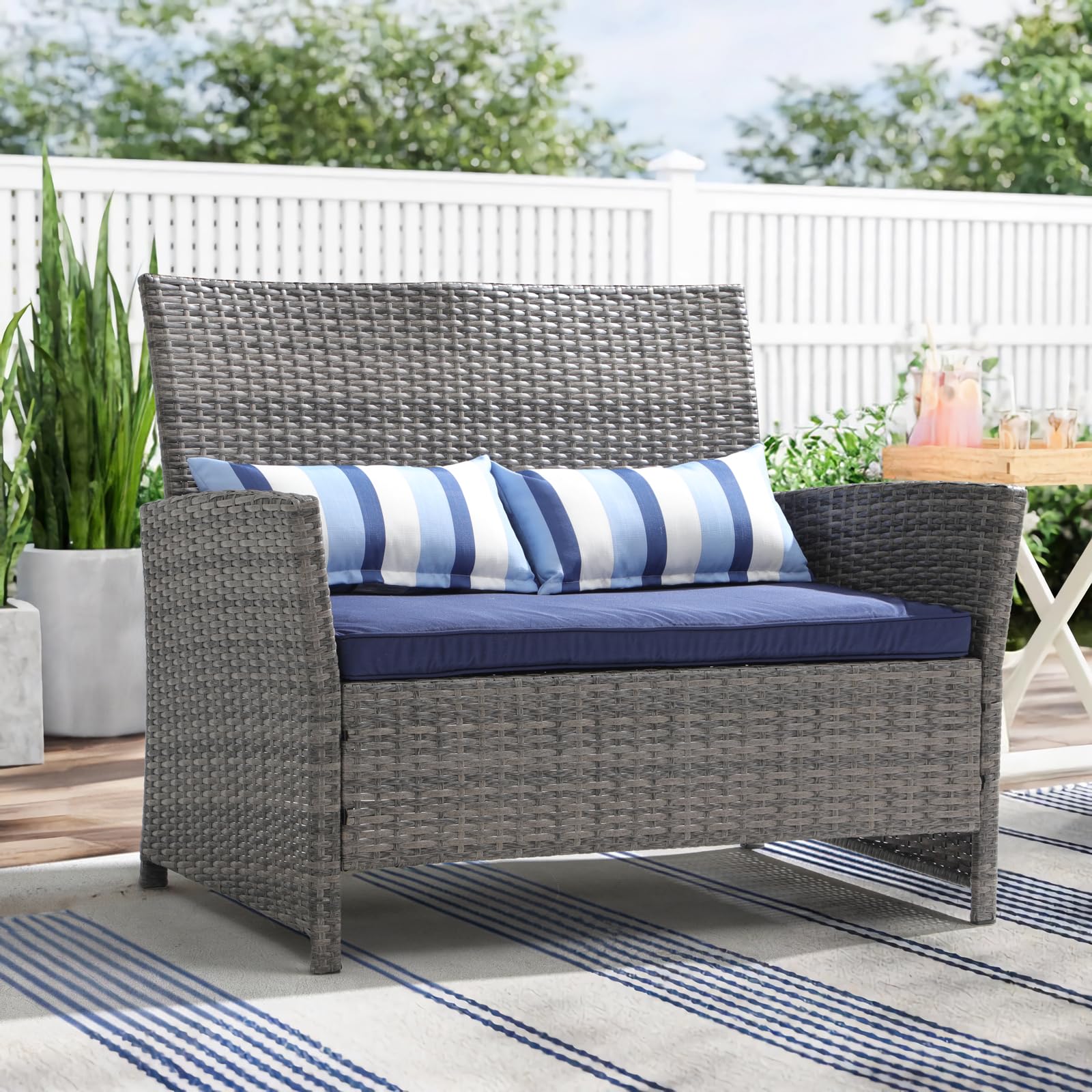 **SUNSITT Outdoor Wicker Loveseat with Cushions – 2-Seater PE Rattan Patio Sofa with Lumbar Pillows, Grey Wicker & Blue Cushions – Durable Steel Frame – Perfect for Porch, Backyard, Garden, Poolside Relaxation**