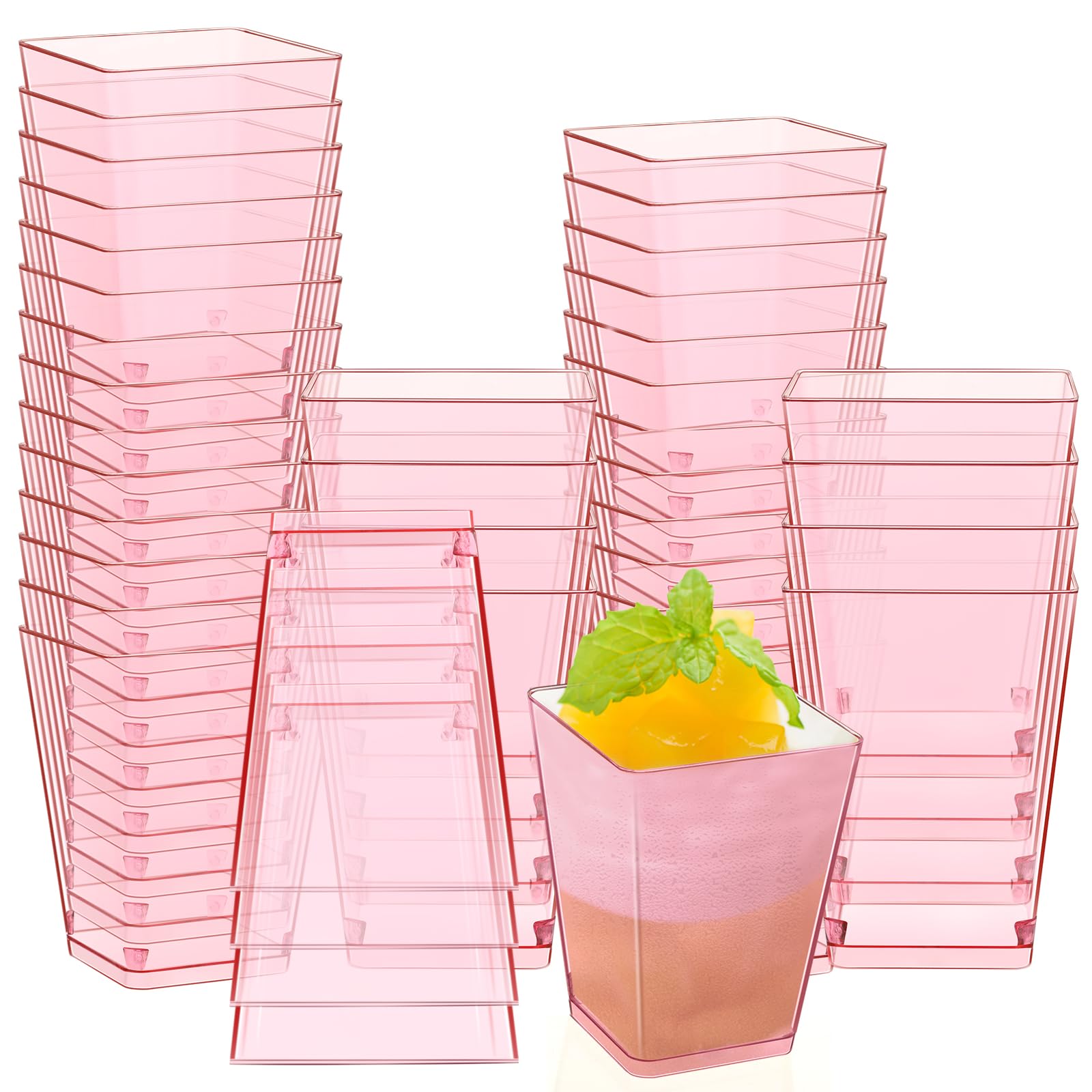 5 oz Clear Plastic Dessert Cups - Mini Square Disposable Appetizer Bowls for Parties, Pudding, Fruit, Yogurt, Ice Cream & Mousse (50-Pack, Pink) | Perfect for Catering, Birthday Celebrations & Dessert Bars