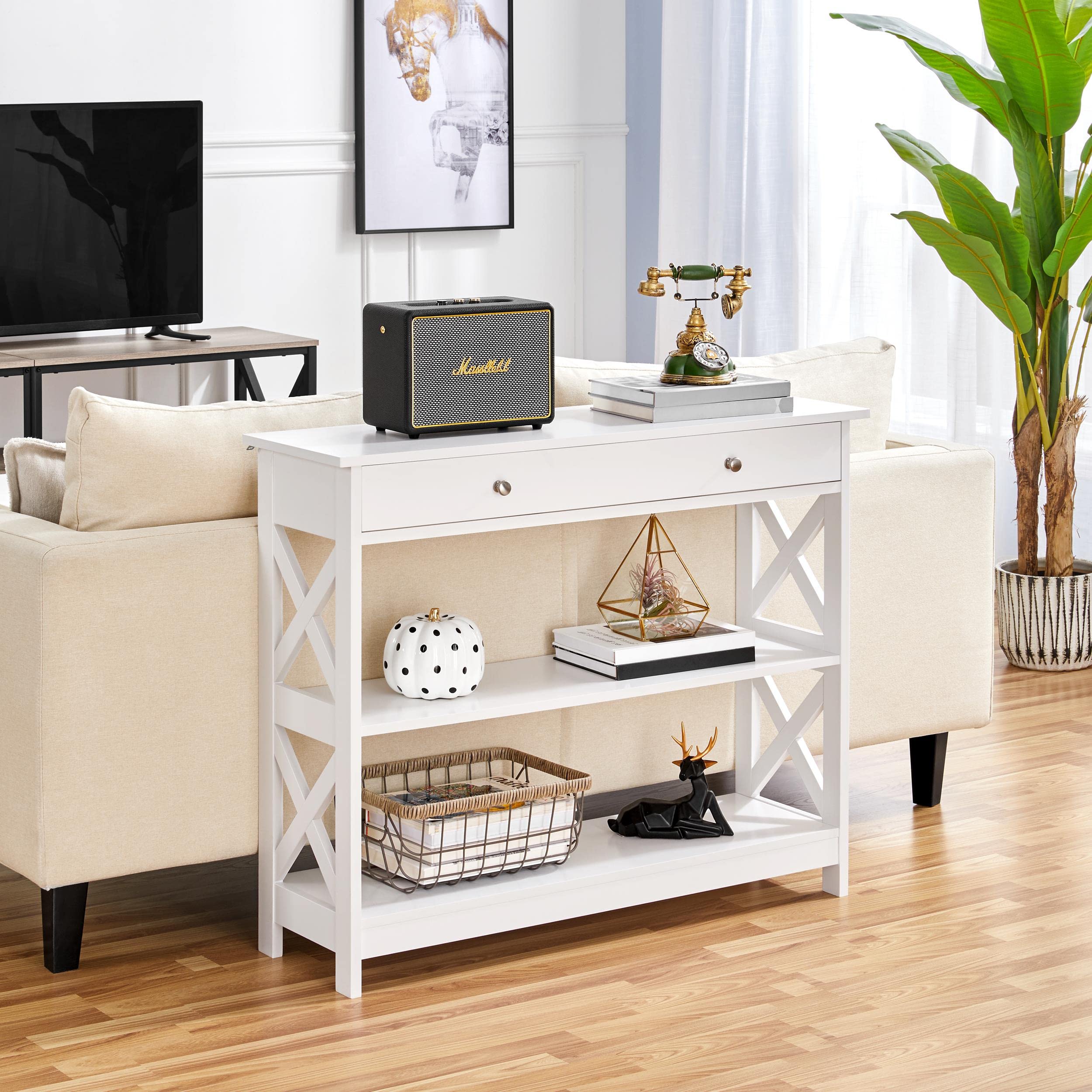 Topeakmart White X-Shaped Console Table with 1 Drawer & 2 Open Shelves - Narrow Sofa Side Table for Entryway, Living Room, Hallway - Perfect for Small Spaces & Home Decor