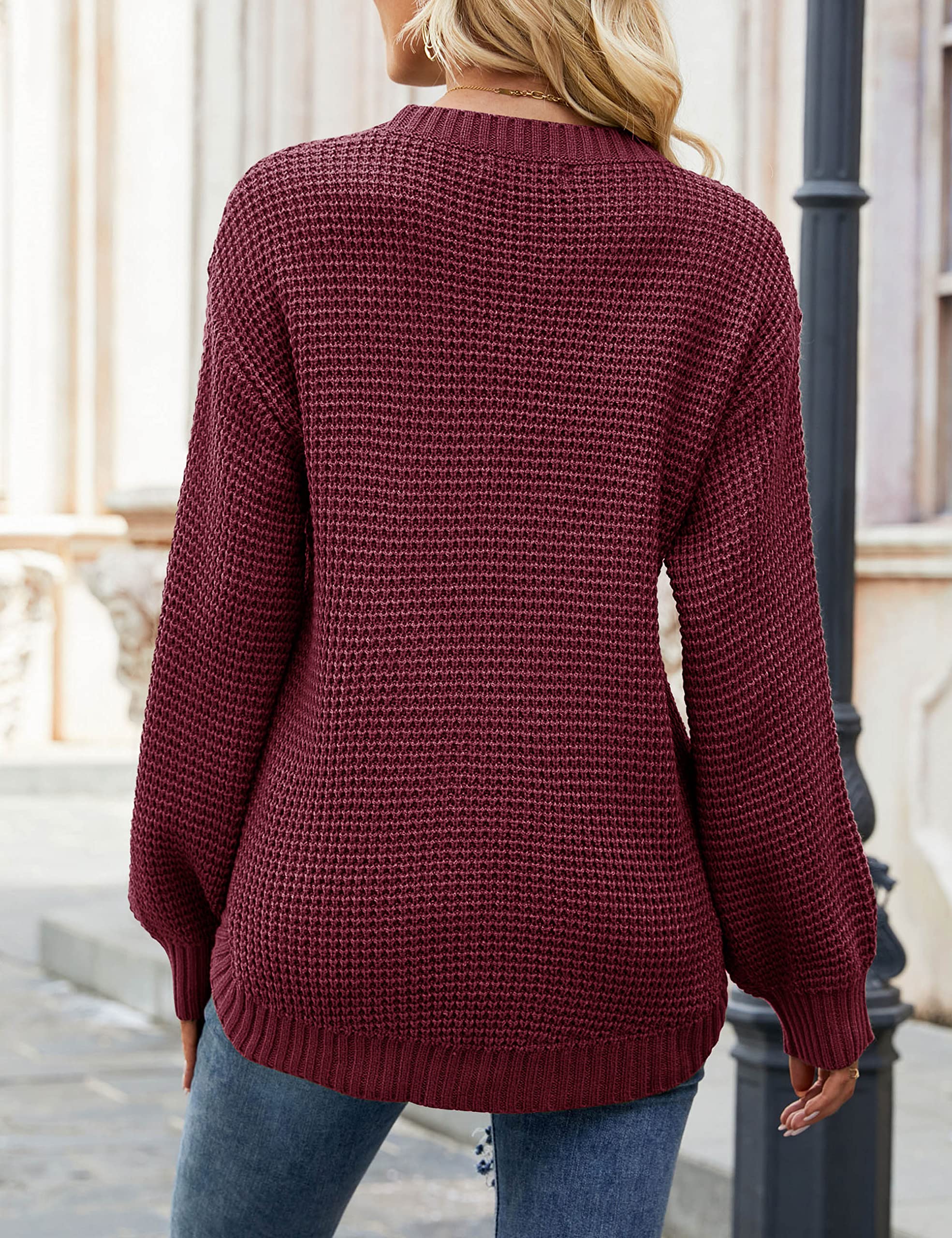 MEROKEETY Women's 2024 Fall Waffle Knit Sweater - Long Balloon Sleeve Loose Pullover Jumper - Cozy Casual Knitwear for Autumn Outfits & Layering
