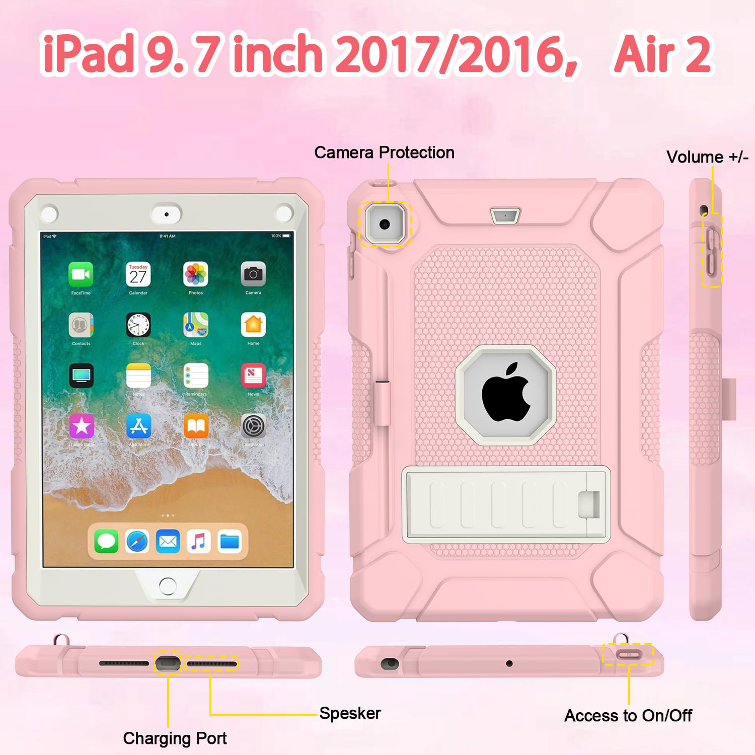 Shockproof Protective Case for iPad 6th/5th Generation (9.7 inch, 2018/2017) & iPad Air 2 - Built-in Stand & Apple Pencil Holder - Pink | Perfect for Work, School & Travel Protection