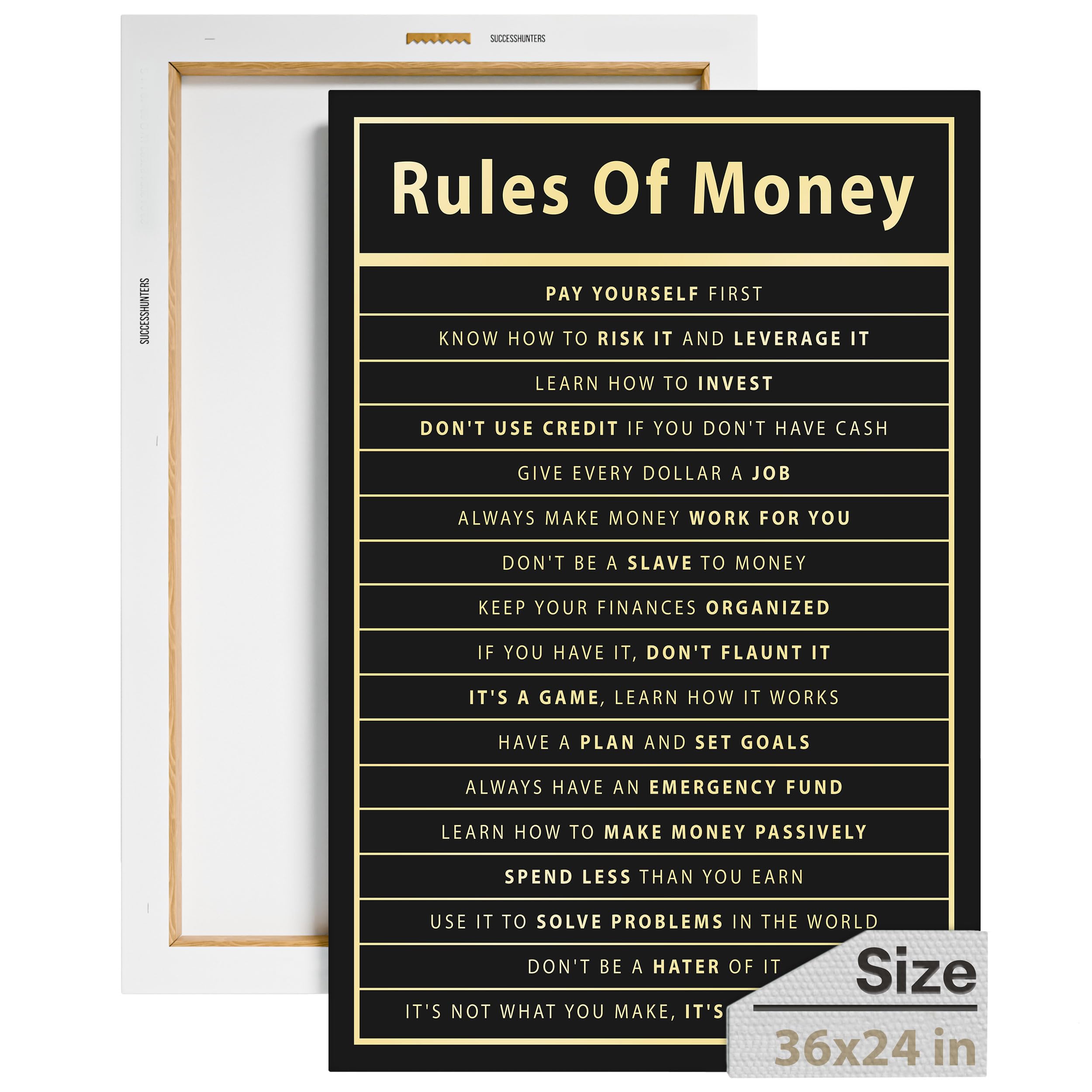 Rules of Money Motivational Wall Art - 36x24 Inch Inspirational Poster for Office & Bedroom - Success Quotes Canvas Print - Perfect for Home Office Decor & Motivational Gift