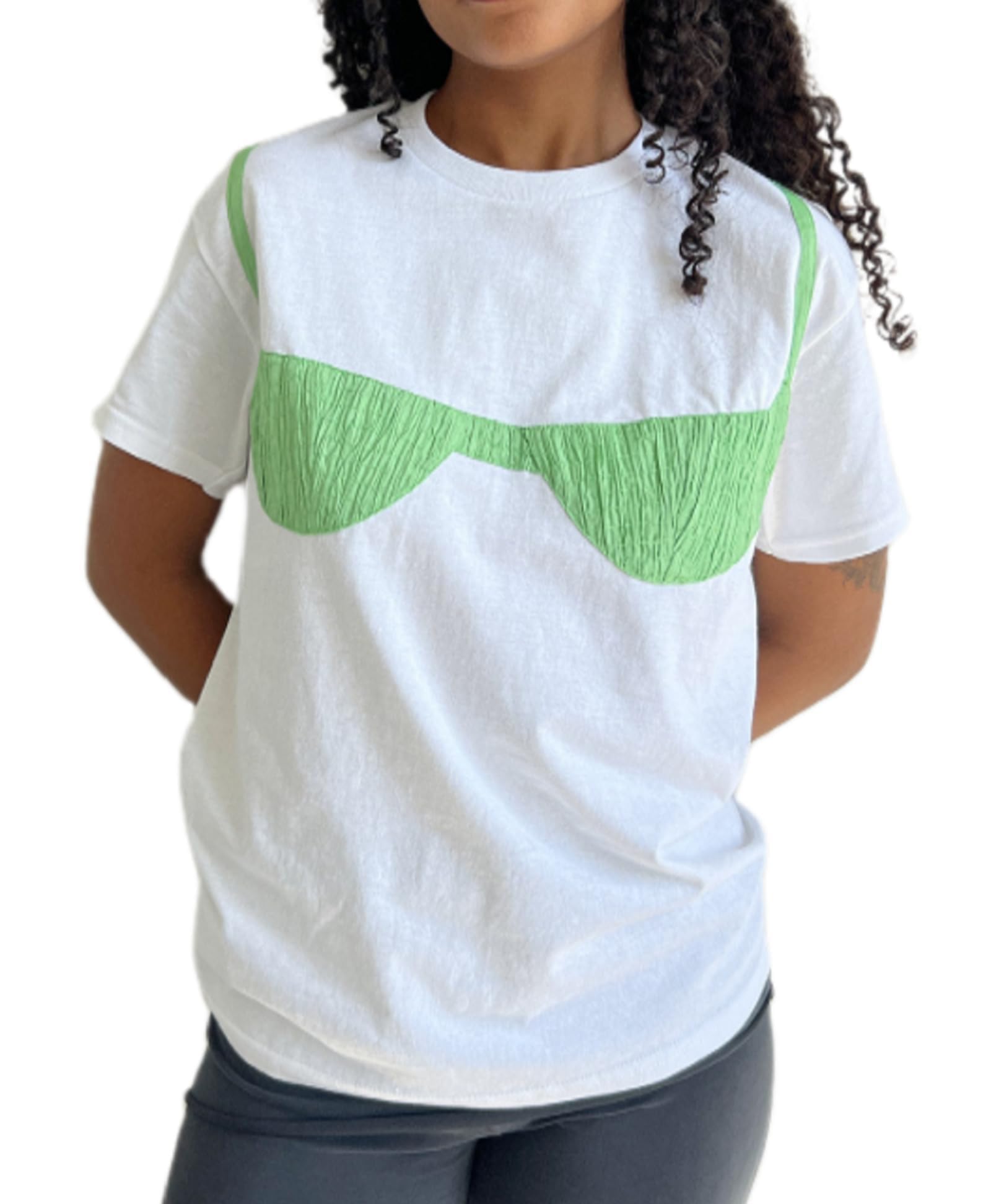 MissActive Women's Smocked Bikini Bra Graphic Short Sleeve T-Shirt - Crew Neck Aesthetic Print Tee for Summer | Y2K White Tops for Beach, Pool & Casual Outfits