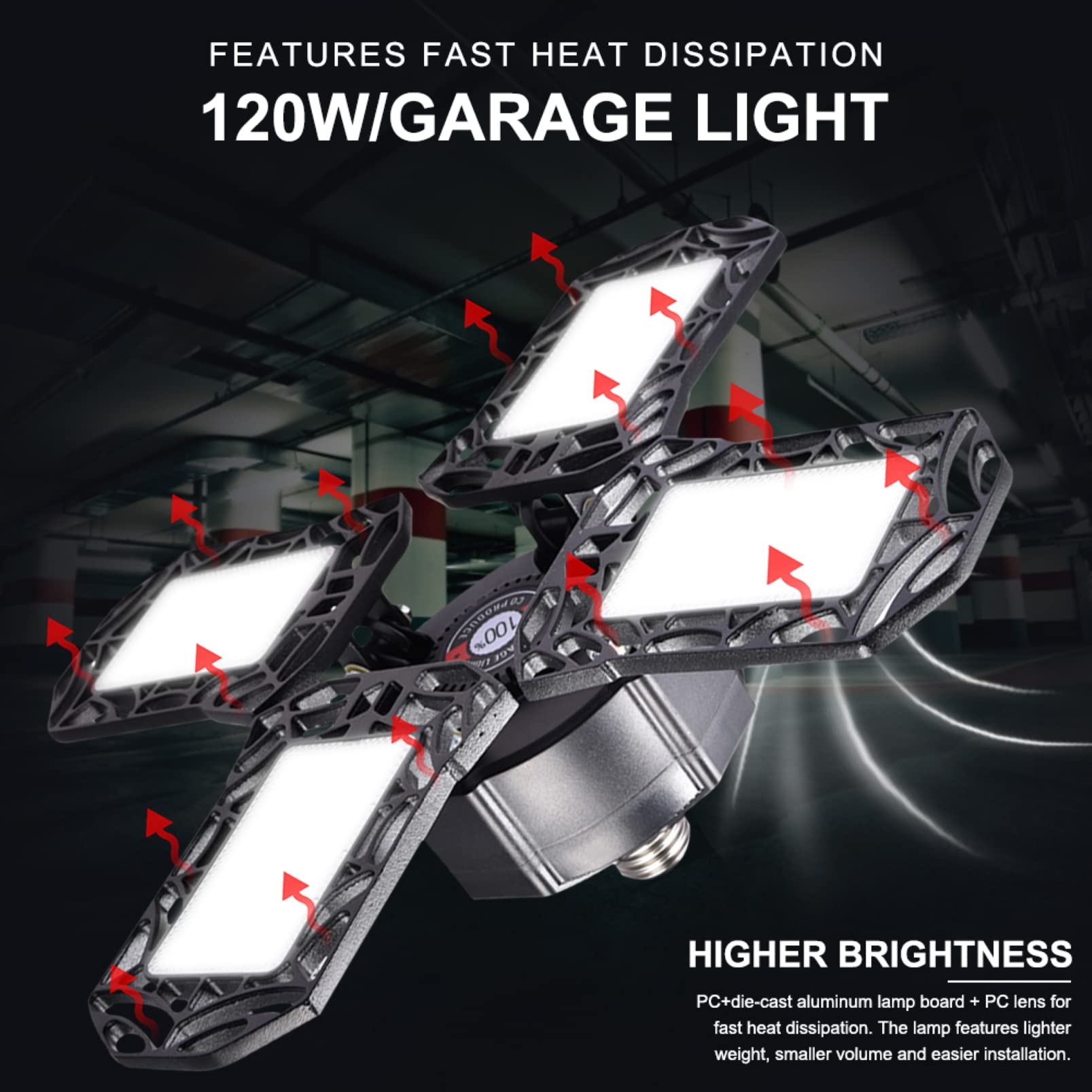 120 LED Garage Light - Foldable Radar Motion Sensor Ceiling Lamp, 12000LM 6500K Cool White, 4 Adjustable Panels, 85-265V, Deformable Shop Light (2 Pack) - Perfect for Warehouse, Workshop, Basement & Garage Lighting
