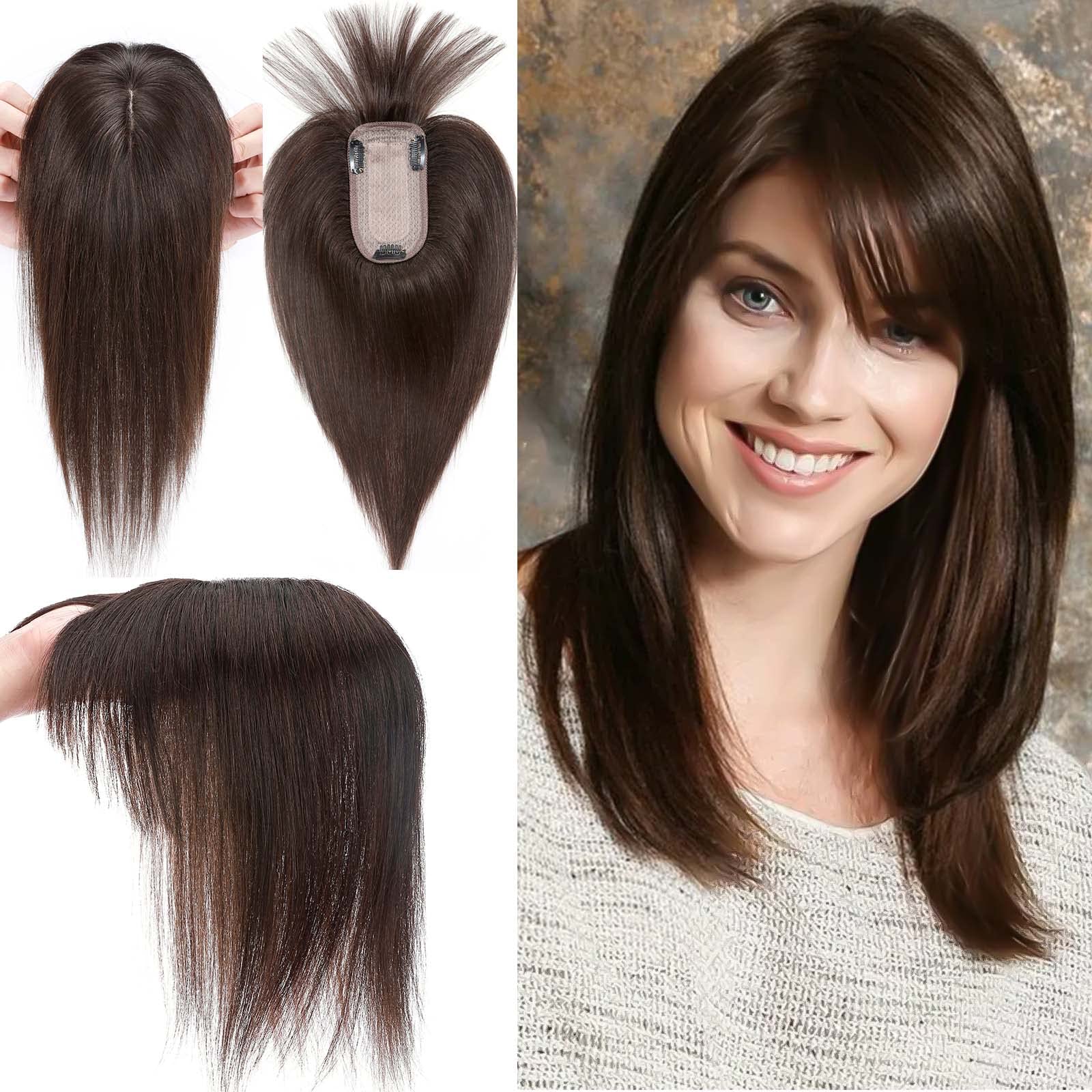 MY-LADY Human Hair Toppers for Women with Bangs - 16 Inch Dark Brown, 5.1