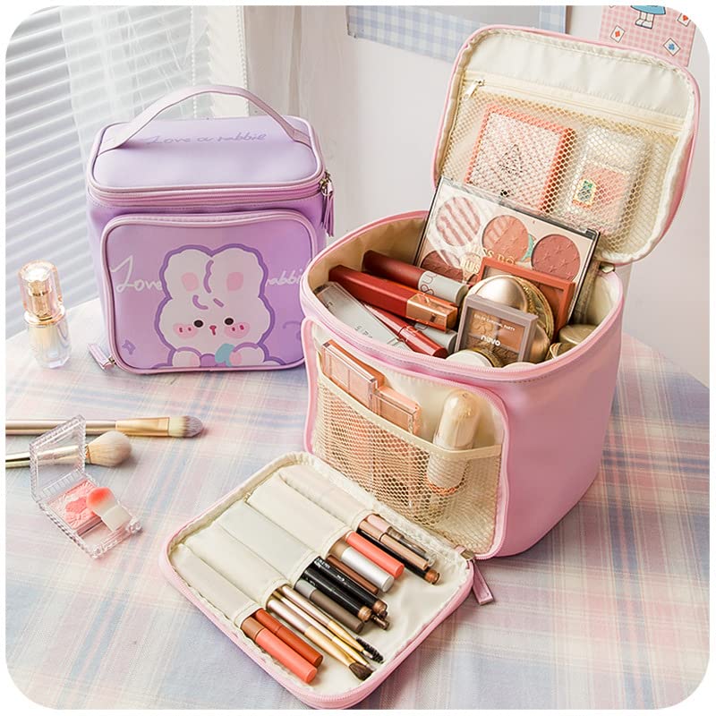 Cute Purple Canvas Makeup Bag with Handle - Travel Toiletry Organizer with Brush Holder - Kawaii Cosmetic Pouch for Teens & Girls - Perfect for School, Gym, Vacation & Daily Essentials Storage