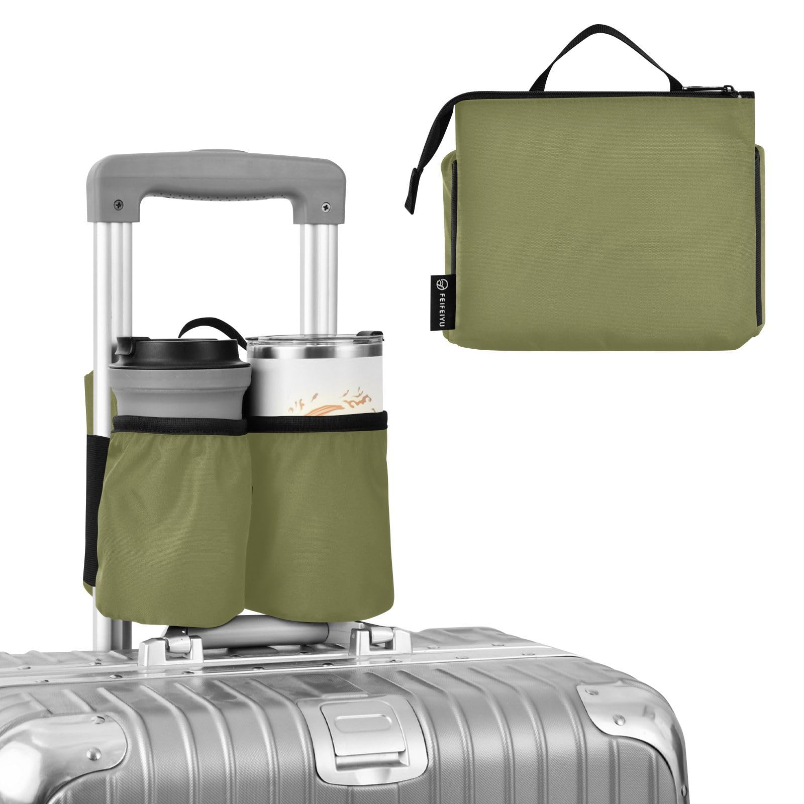 DOMIKING Olive Green Travel Luggage Cup Holder - Hands-Free Drink Bag for Suitcases & Beverage Bottles | Perfect for Airports, Commuting & Road Trips