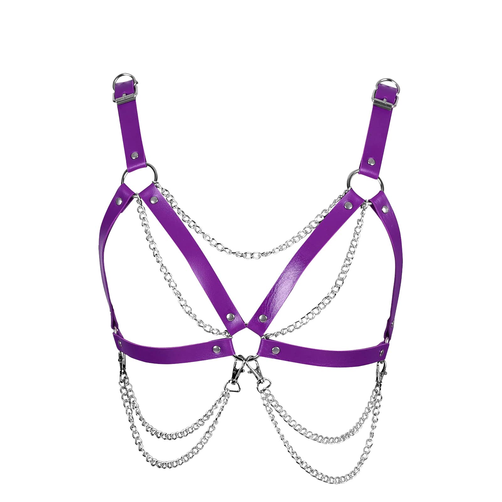 Stylish Black PU Leather Body Chain Punk Layered Chest Jewelry for Women - Gothic Party Belt, Navel Chain for Carnival, Club Wear & Festival Outfits (Purple, One Size) - Perfect for Rave, Cosplay, Halloween & Bachelorette Parties