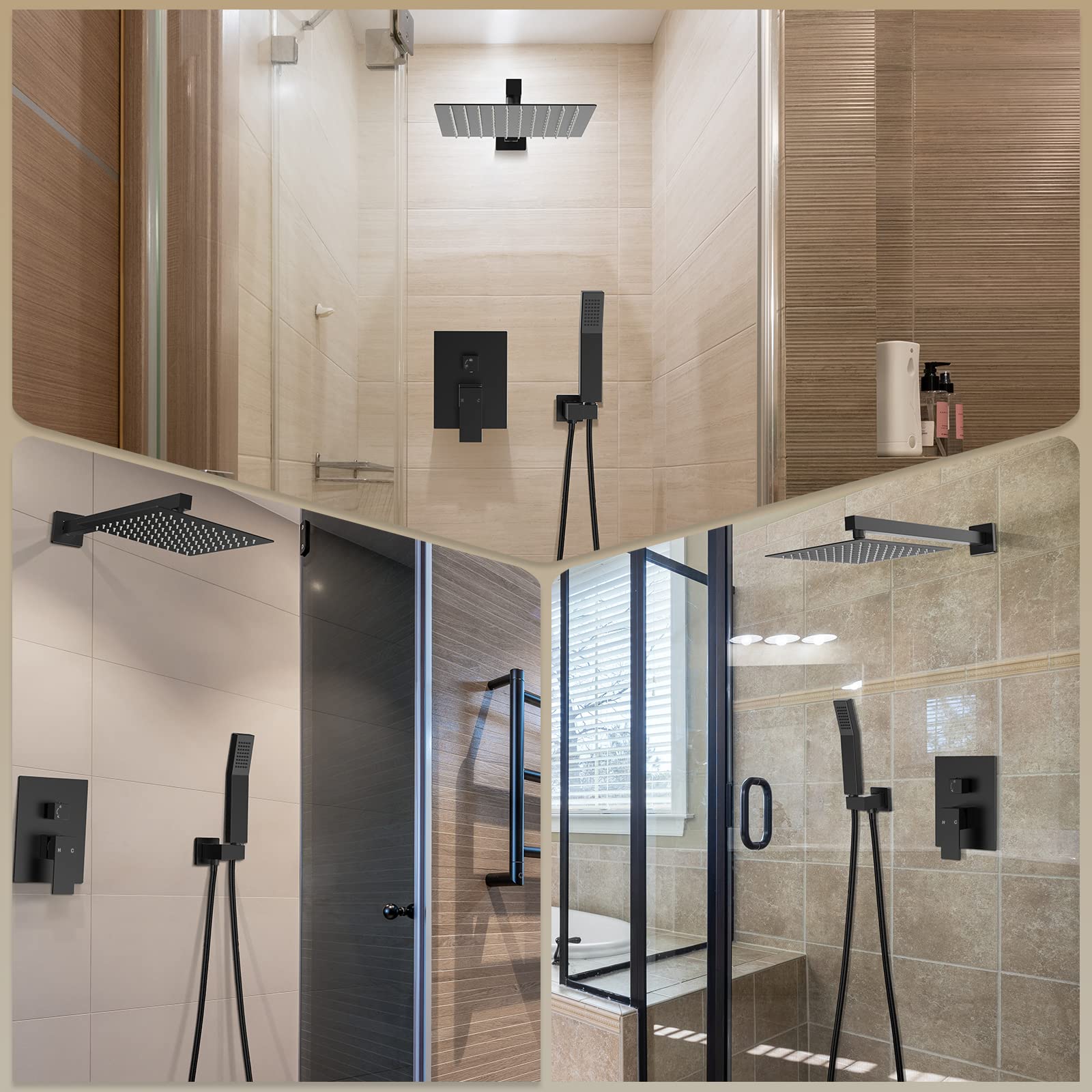 KZH Matte Black Rain Shower System - 10 Inch Rainfall Shower Head with 2-in-1 Handheld Showerhead, Wall Mount Faucet Set Including Rough-in Valve Body & Trim | Perfect for Modern Bathroom Renovation & Spa-Like Shower Experience