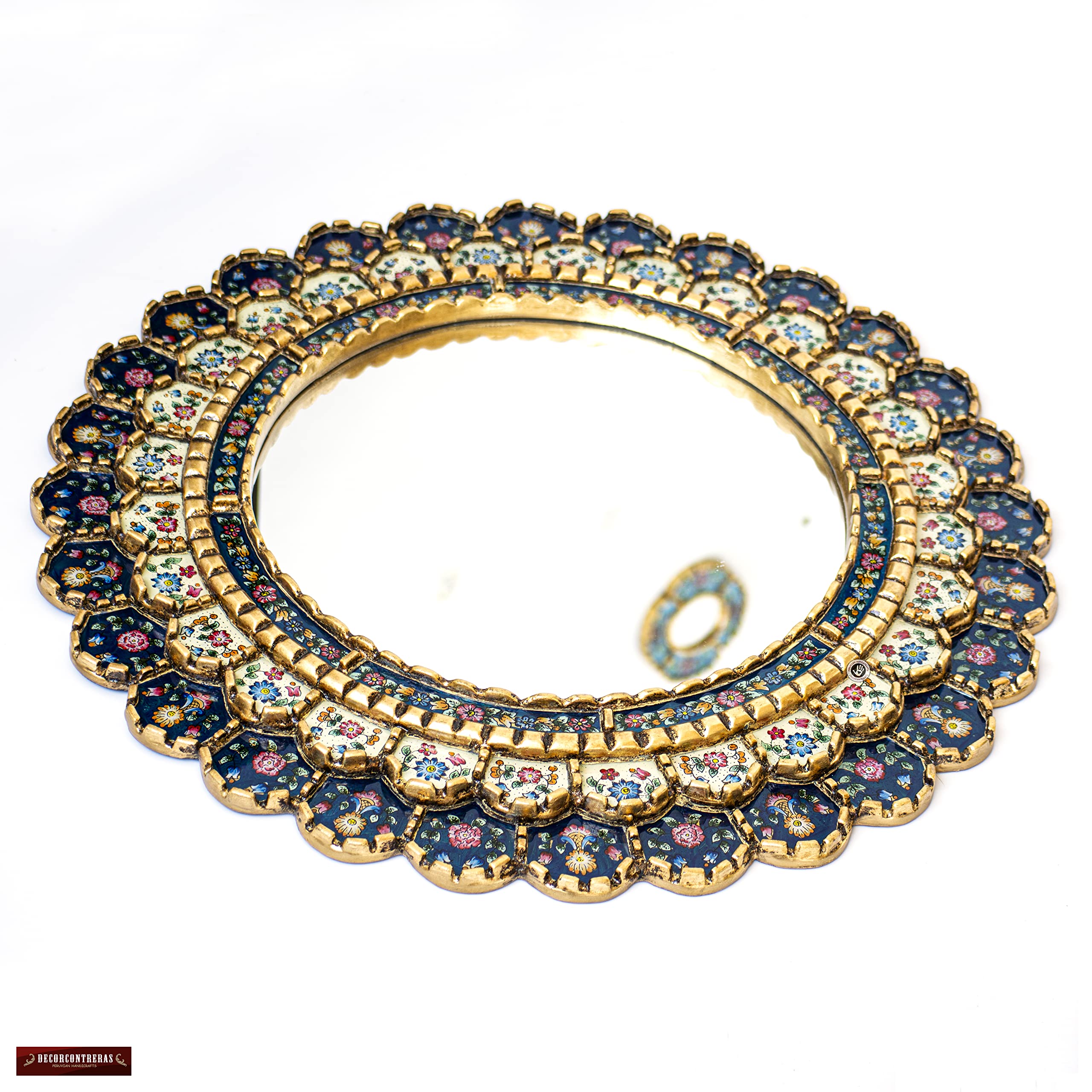 Blue Gold Circle Wall Mirror - Handmade Peruvian Round Hanging Mirror for Living Room Decor | Elegant Gold Frame Wall Art | Perfect for Bedroom, Bathroom & Entryway Decorations