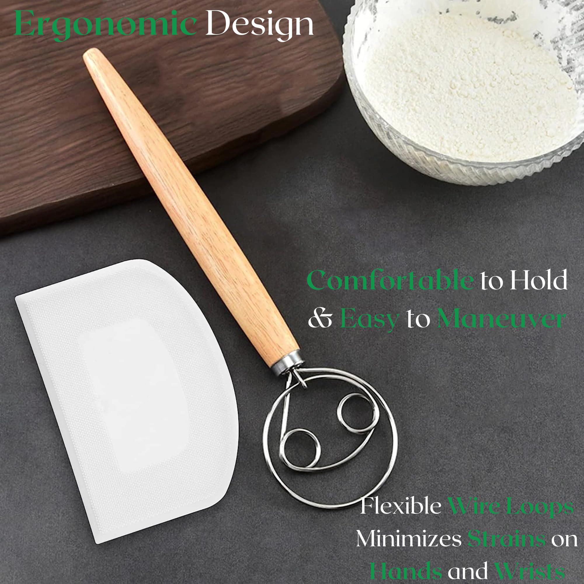 13 Inch Danish Dough Whisk with Dough Scraper - Stainless Steel Dutch Bread Whisk & Sourdough Baking Tool - Perfect for Homemade Bread, Pizza Dough, Pastries & Artisan Baking