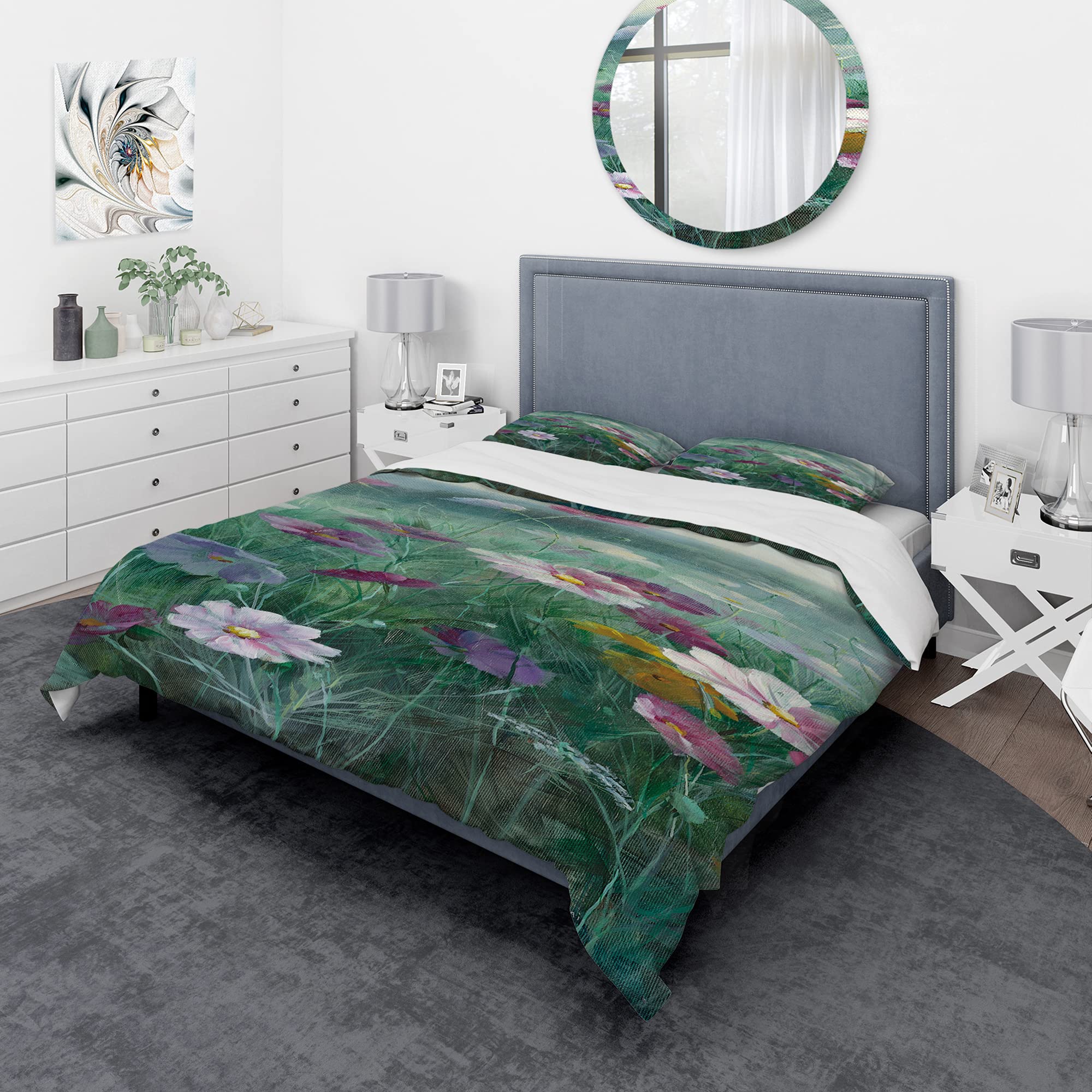 Cosmos at Dawn II Traditional Blue Floral Duvet Cover Set Queen Size - 3 Piece All Season Bedding Set for Comfort & Style | Perfect for Master Bedroom, Guest Room & Cozy Home Decor
