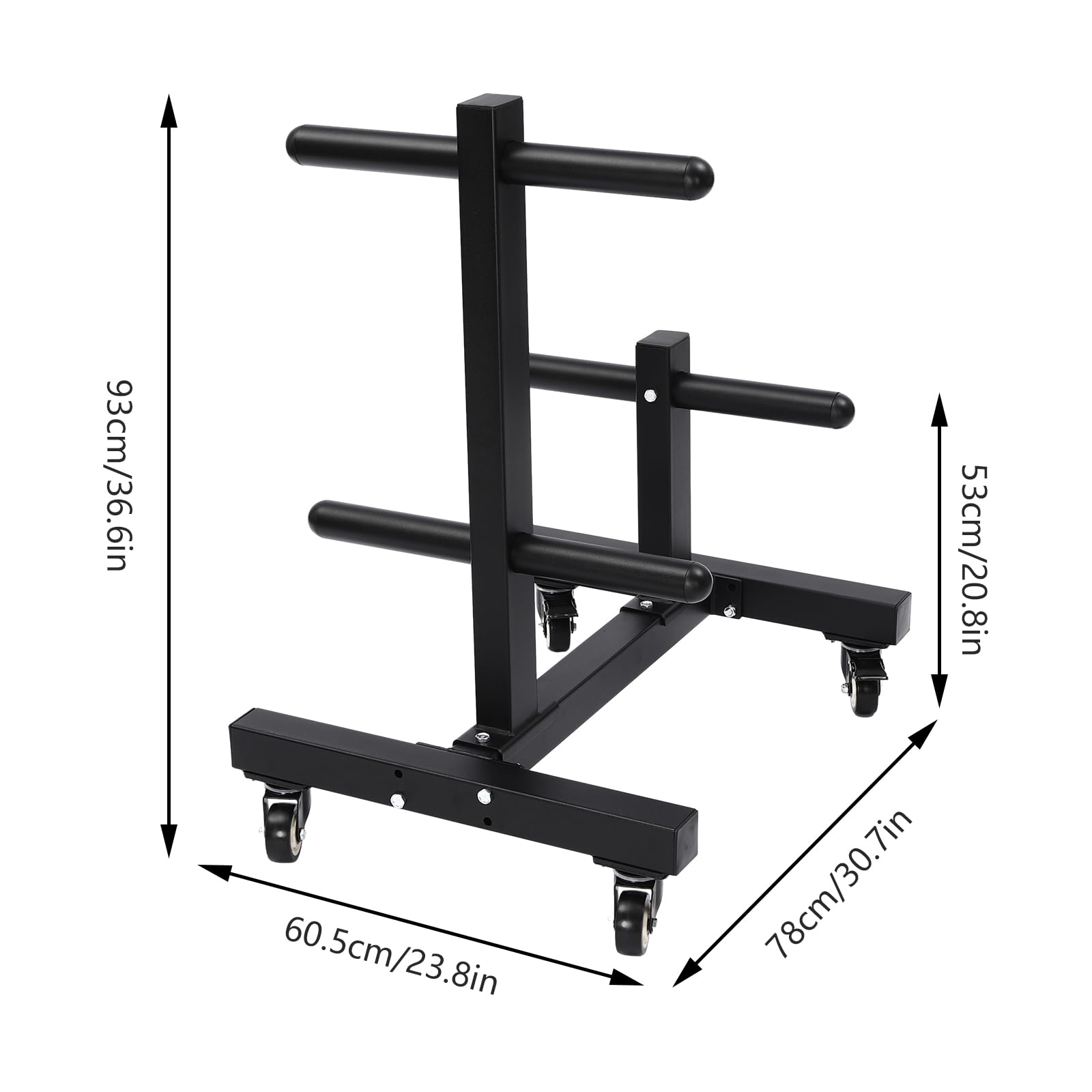 Double Column Weight Plate Rack with Wheels - 37”H Heavy Duty Steel Weight Storage Rack for Gym Plates | Portable Weight Plate Holder & Dumbbell Organizer with Stable Base | Perfect for Home Gyms, Hotels & Schools | Compact Fitness Equipment for Space Saving Workouts