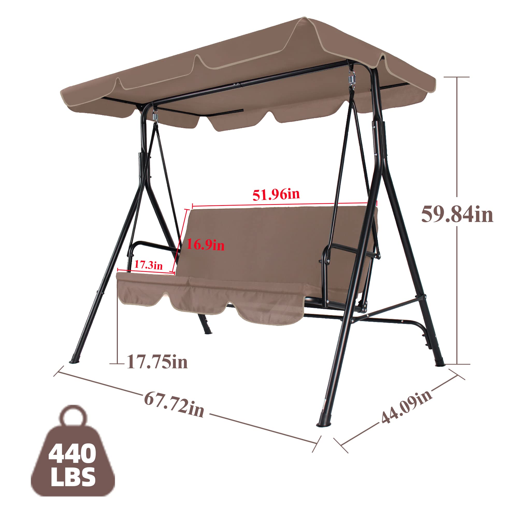 3-Seats Outdoor Patio Swing Chair with Adjustable Canopy & Sturdy Steel Frame - Heavy Duty Porch Swing for Adults, Removable Cushion - Perfect for Garden, Backyard, Balcony & Deck Relaxation (Brown)