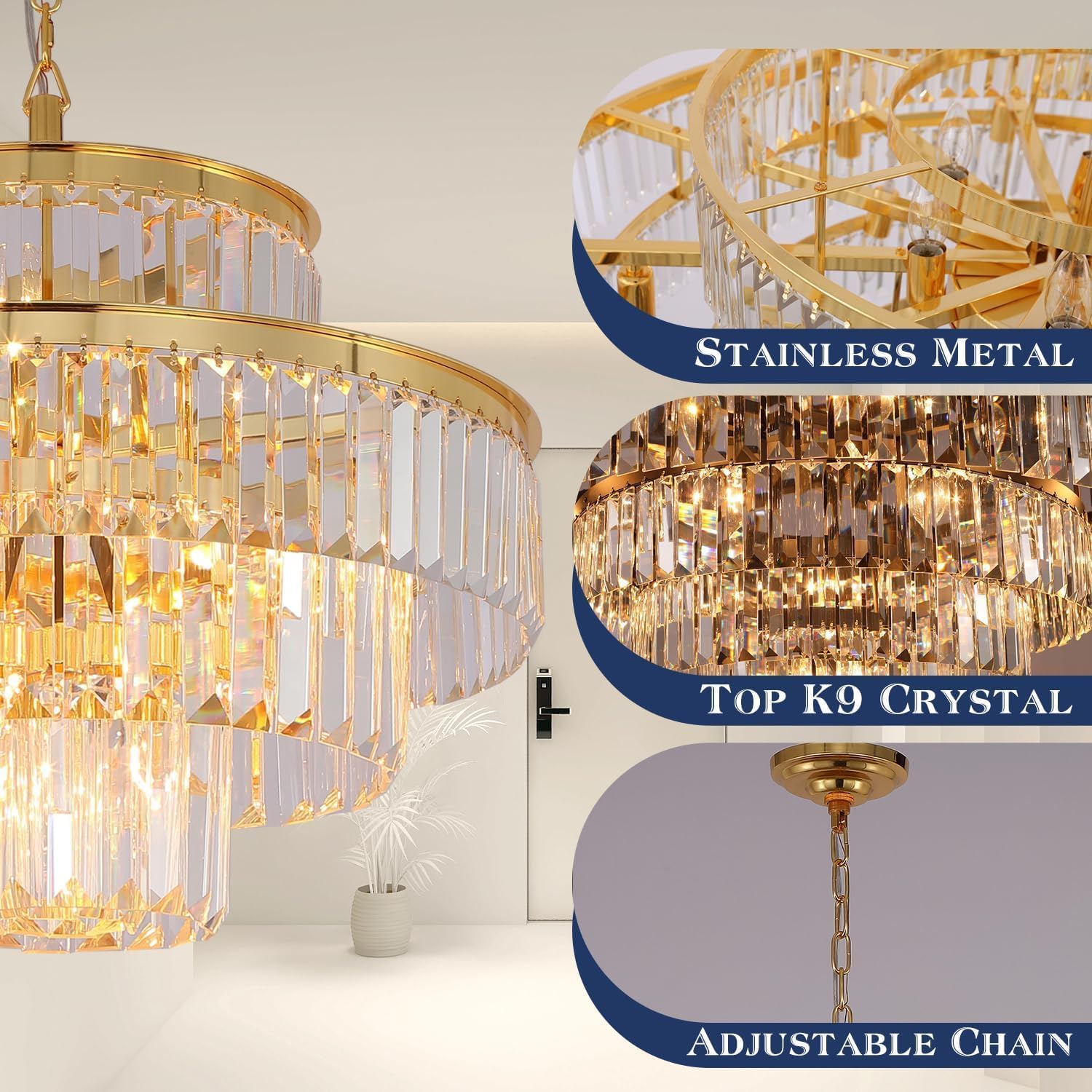 Modern Crystal Chandelier - 6-Light Gold Pendant Ceiling Lamp with 4-Tier Design (20 Inch Diameter) - Elegant Lighting Fixture for Dining Room, Living Room, Foyer & Hallway | Perfect for Home Decor, Wedding Venues and Luxury Interior Design