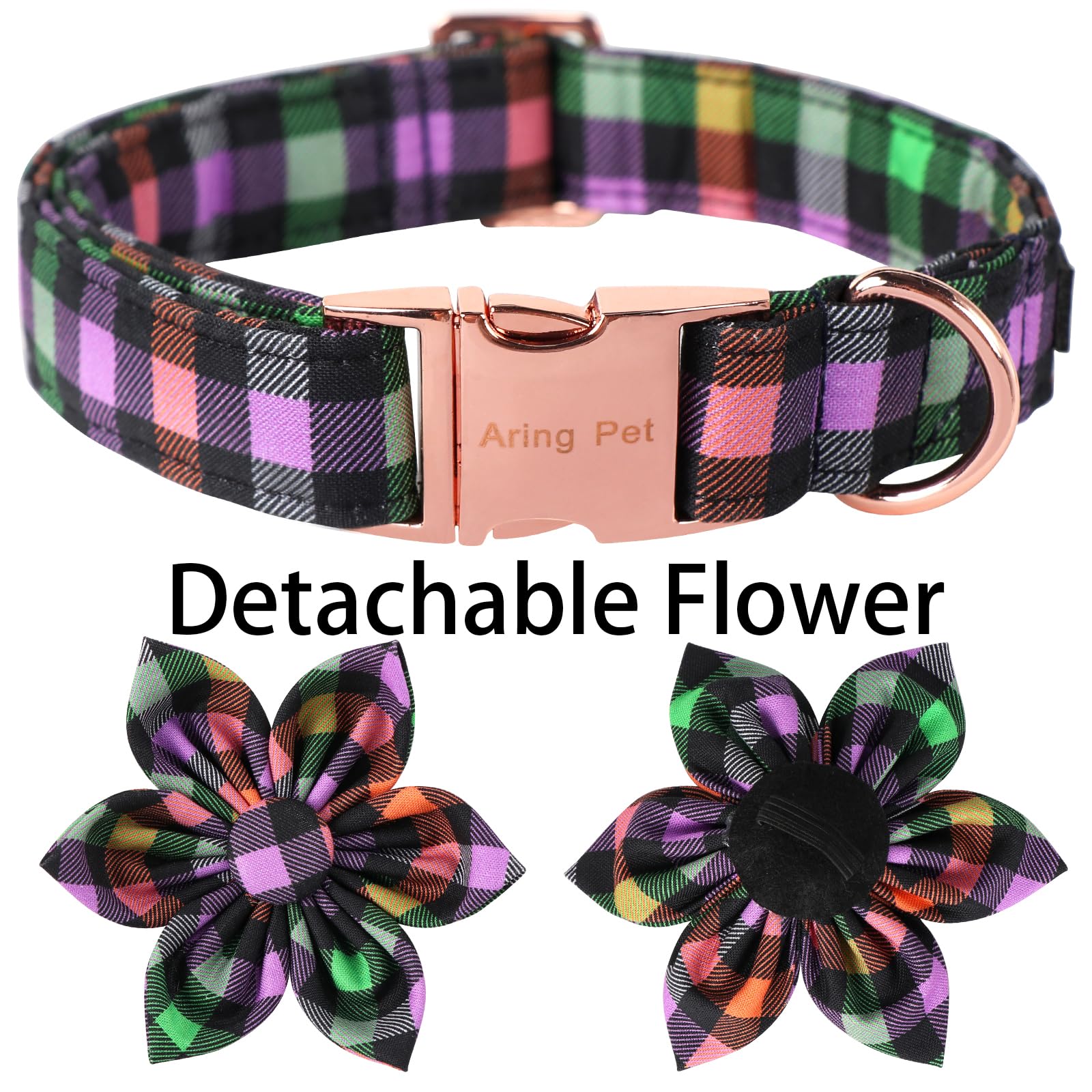 ARING PET Halloween Dog Collar - Adjustable Cotton Plaid Dog Collar with Flower & Metal Buckle for Small Medium Dogs | Cute Fall & Halloween Costume Accessory for Girl Puppies